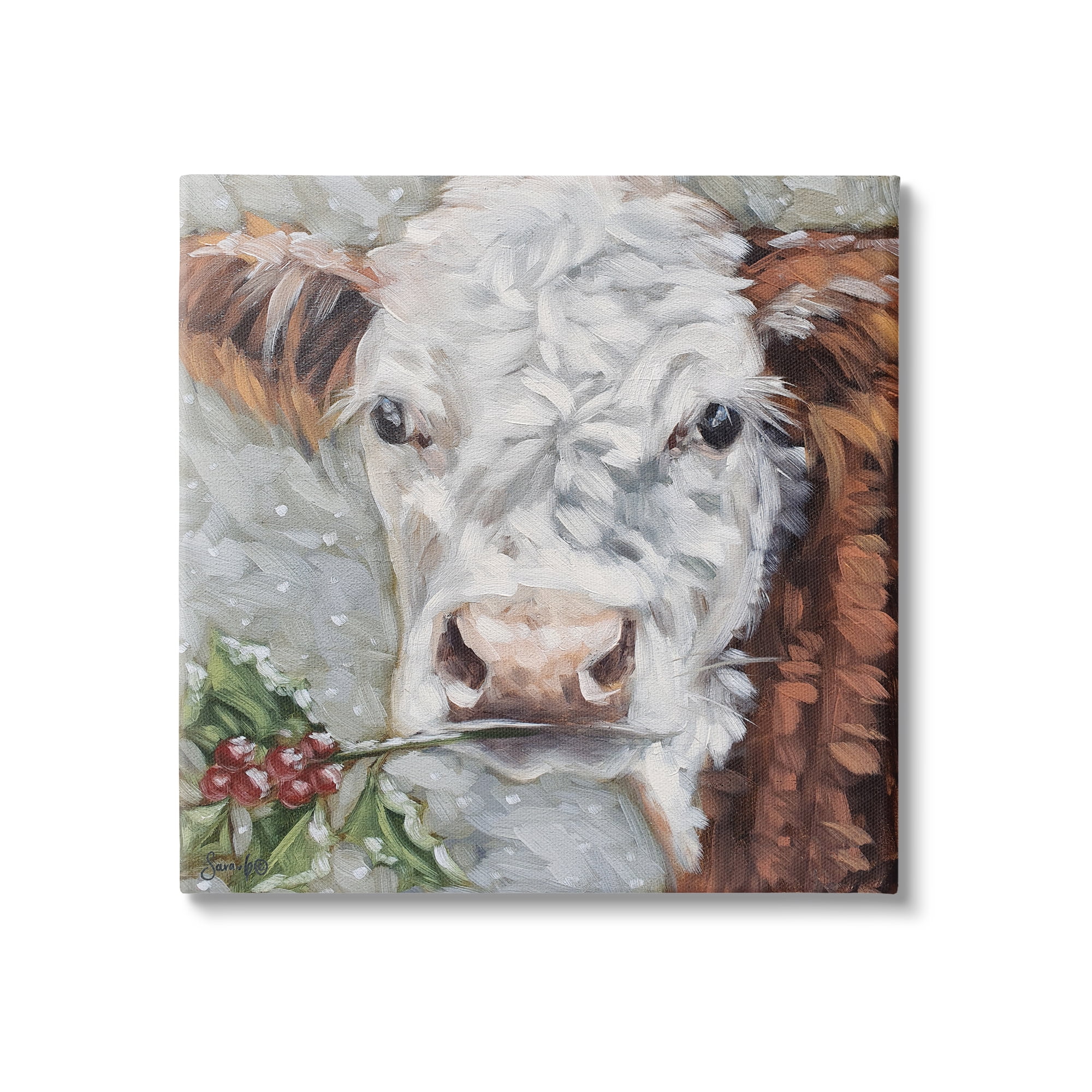 Stupell Snowy Winter Cow Holly Berries Animals & Insects Painting Gallery Wrapped Canvas Print Wall Art
