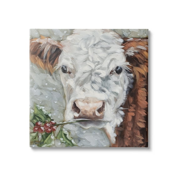 Stupell Snowy Winter Cow Holly Berries Animals & Insects Painting Gallery Wrapped Canvas Print Wall Art