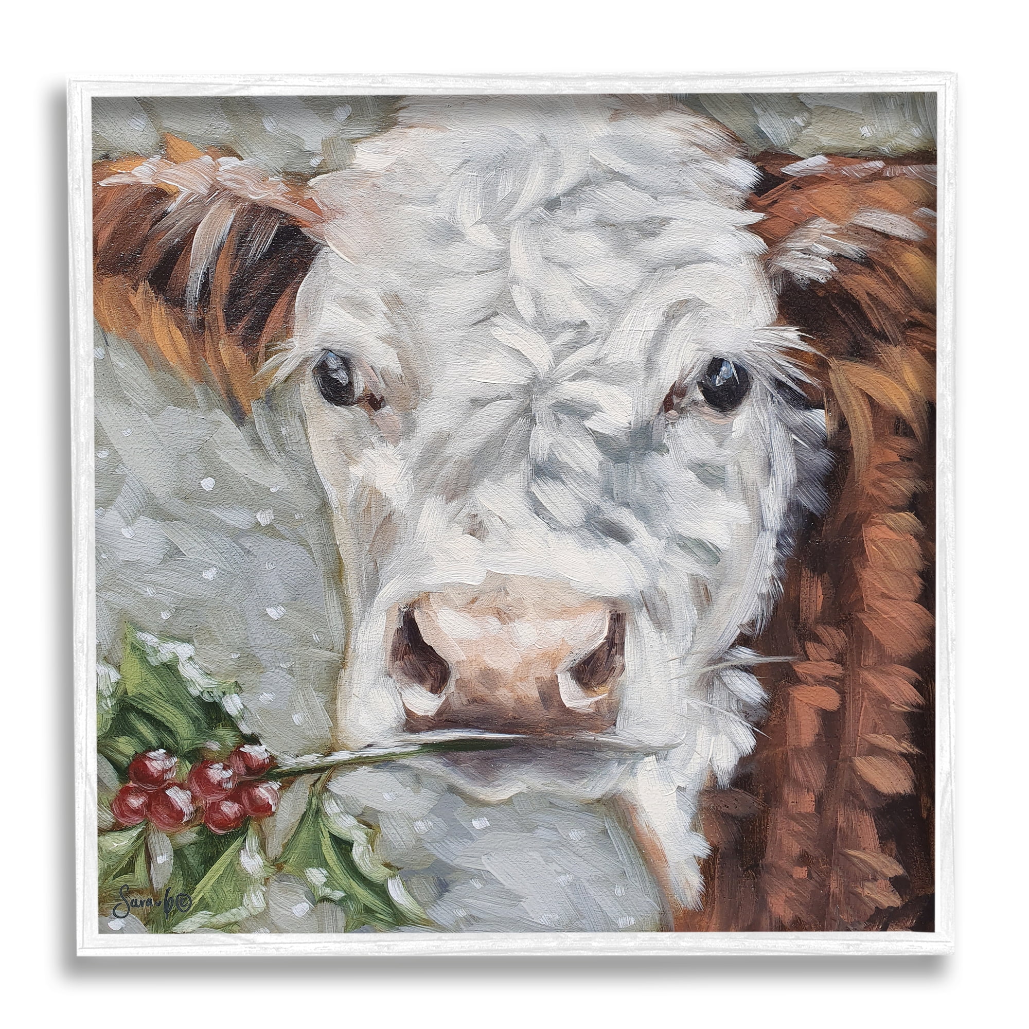 Stupell Snowy Winter Cow Holly Berries Animals & Insects Painting White Framed Art Print Wall Art