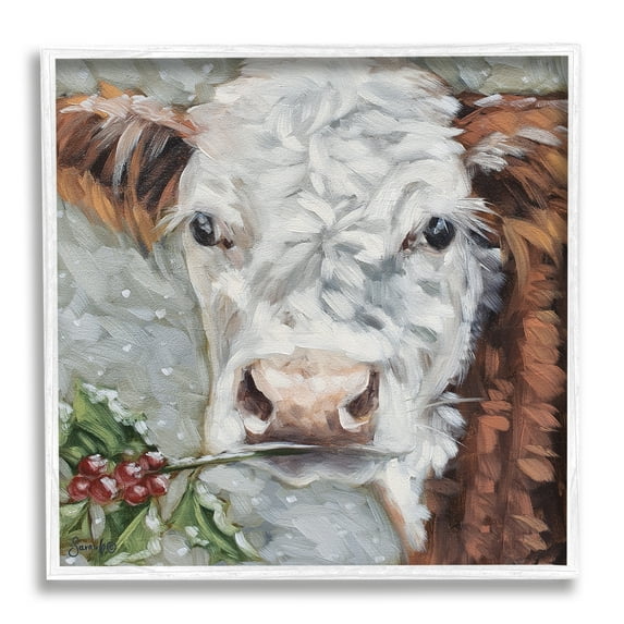 Stupell Snowy Winter Cow Holly Berries Animals & Insects Painting White Framed Art Print Wall Art