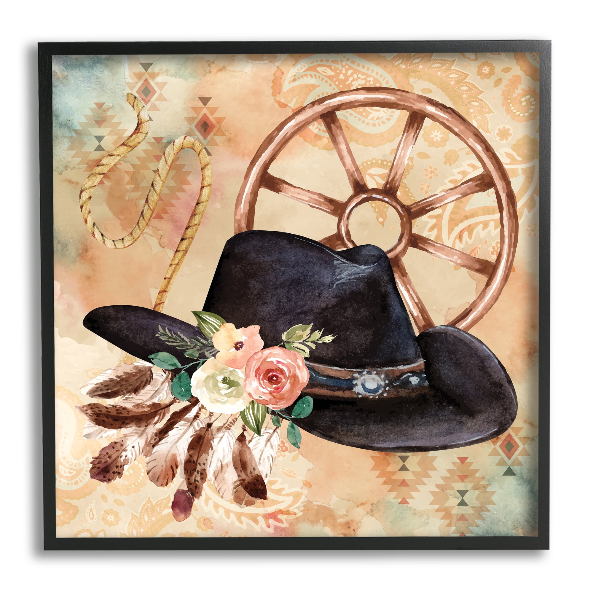 Stupell Southwestern Hat Floral Paisley Beauty & Fashion Painting Black Framed Art Print Wall Art
