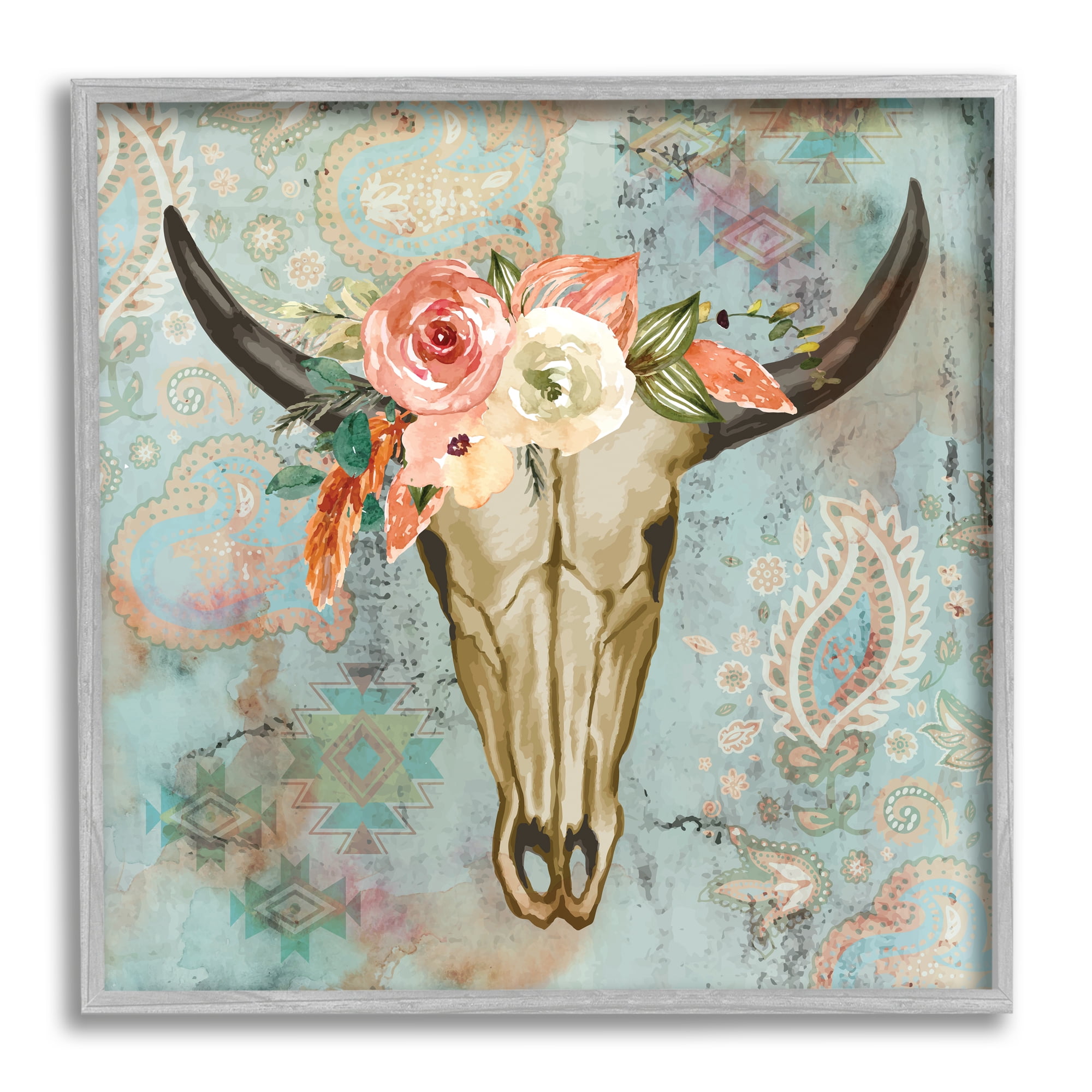 Stupell Southwestern Paisley Animal Skull Animals & Insects Painting Gray Framed Art Print Wall Art