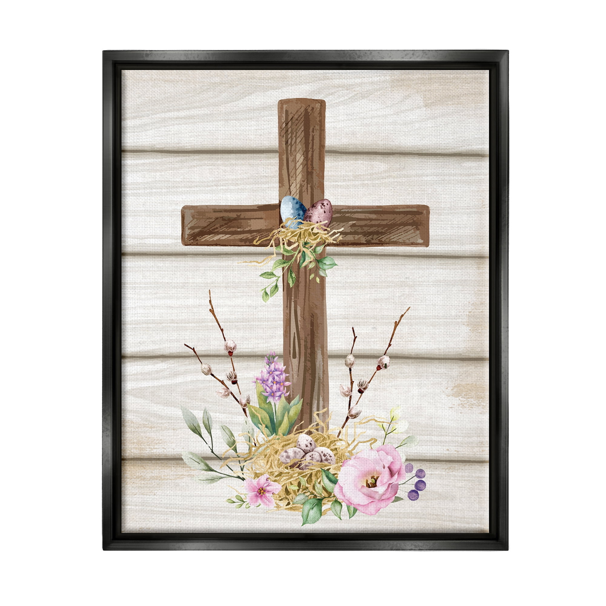 Stupell Spiritual Easter Cross Spring Blossoms Holiday Painting Black Floater Framed Art Print Wall Art