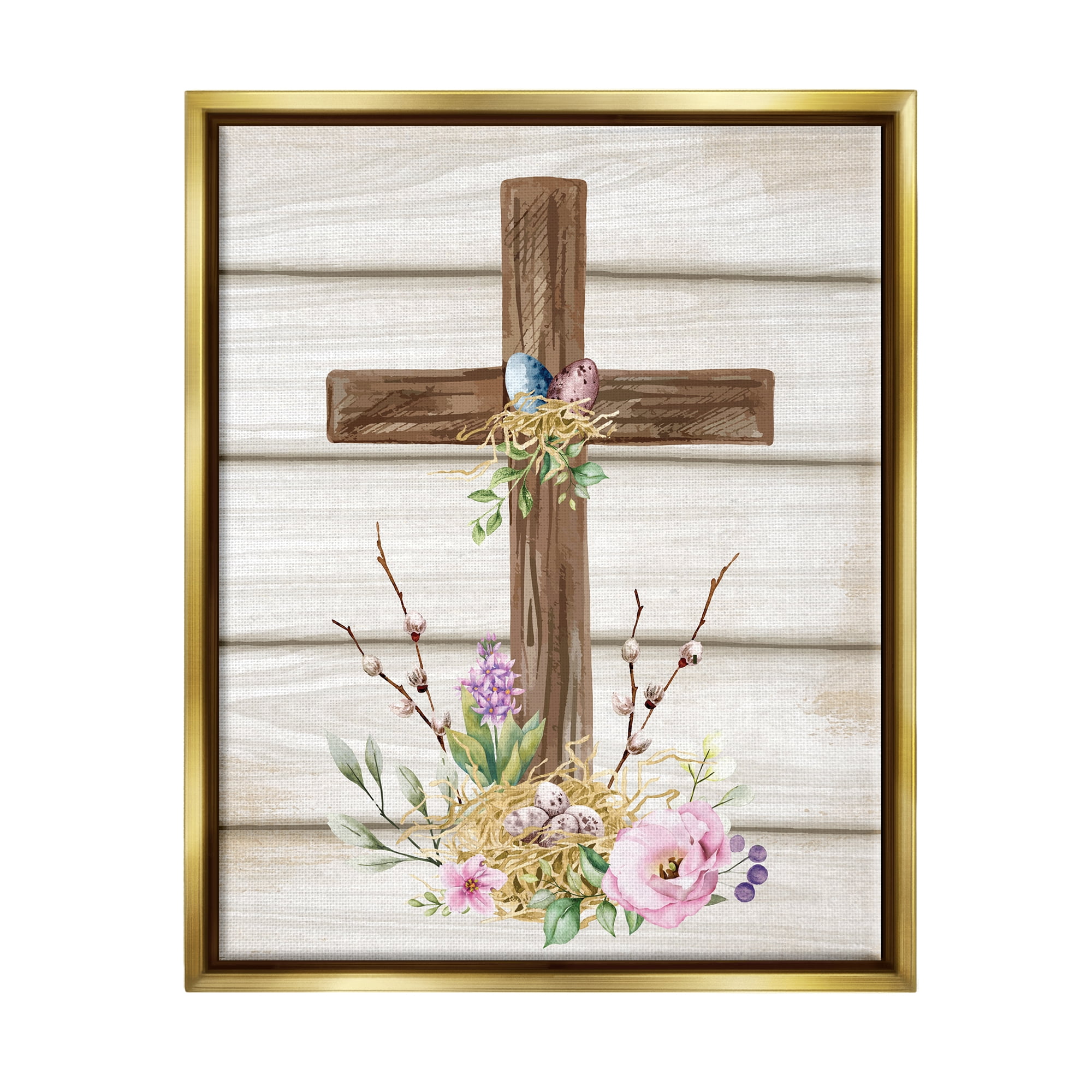 Stupell Spiritual Easter Cross Spring Blossoms Holiday Painting Gold Floater Framed Art Print Wall Art