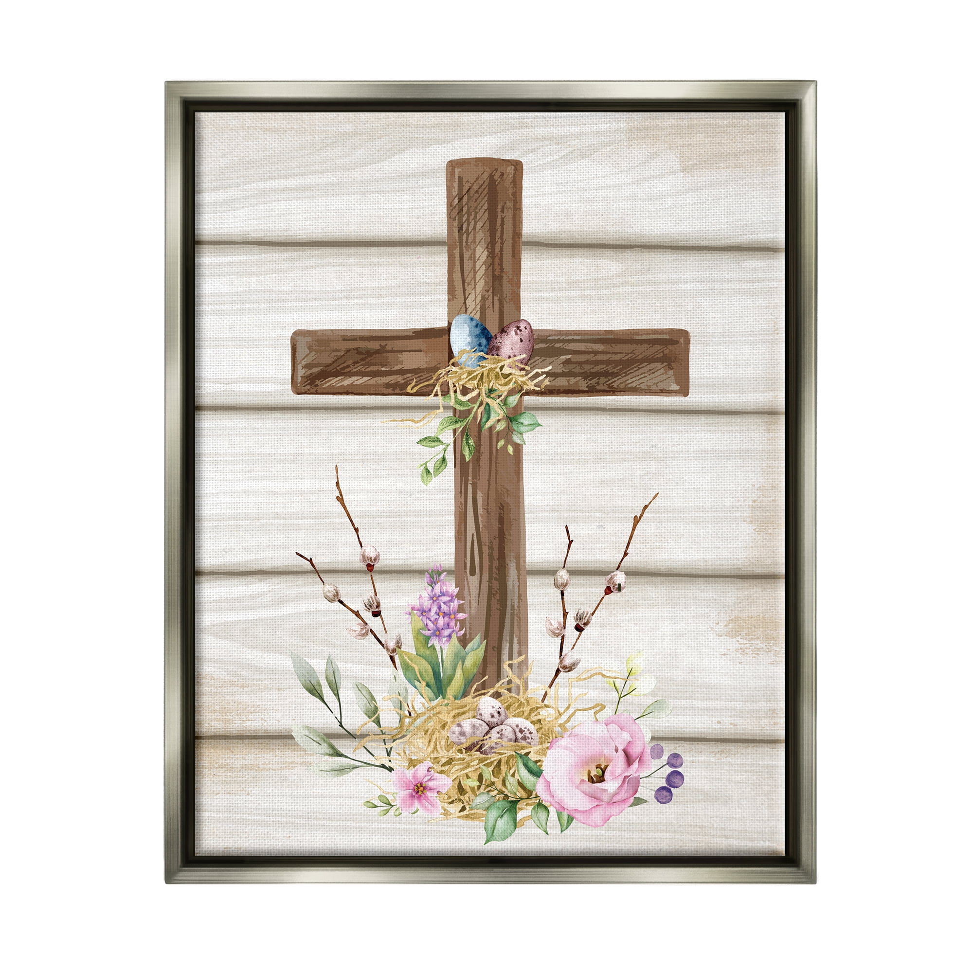 Stupell Spiritual Easter Cross Spring Blossoms Holiday Painting Gray Floater Framed Art Print Wall Art