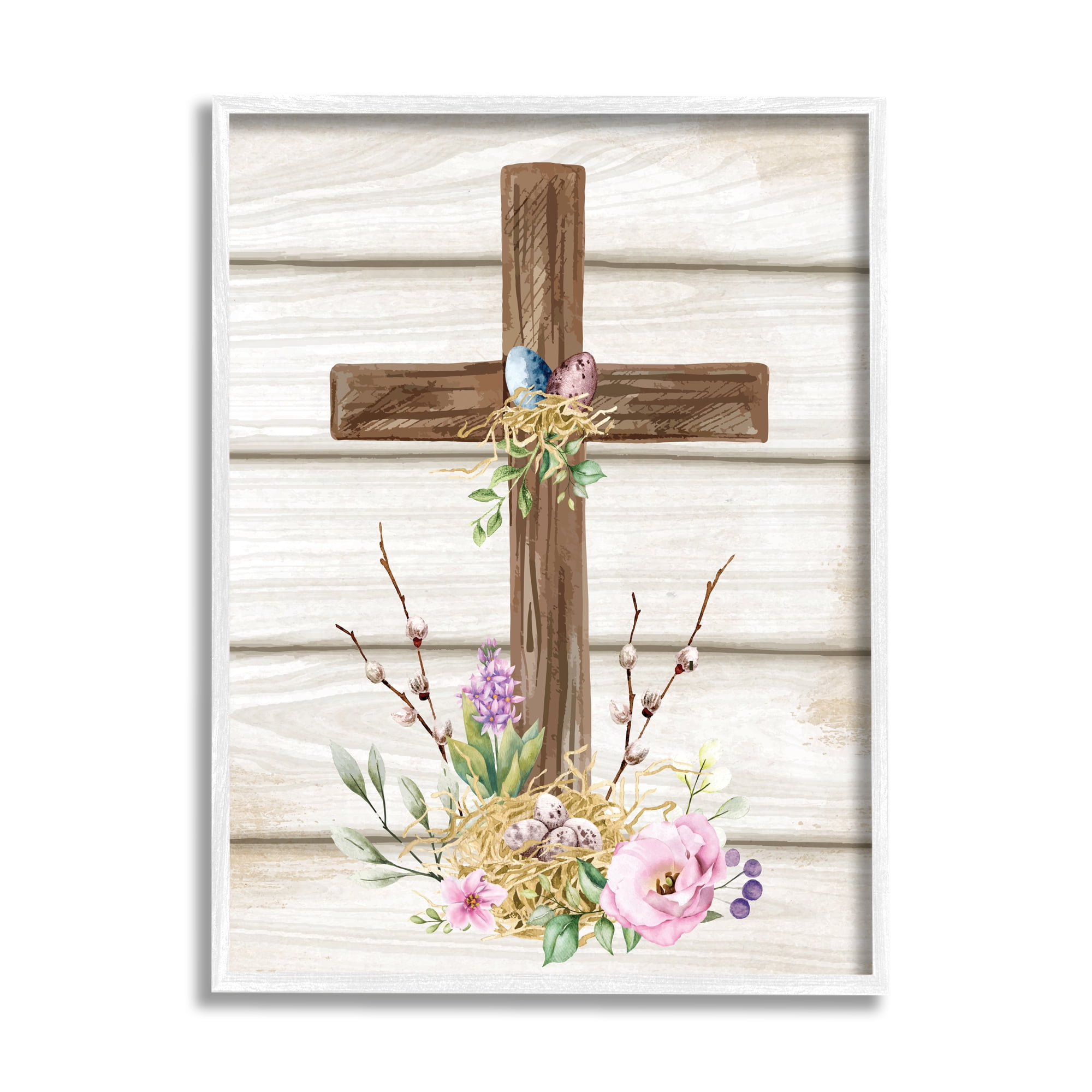Stupell Spiritual Easter Cross Spring Blossoms Holiday Painting White Framed Art Print Wall Art