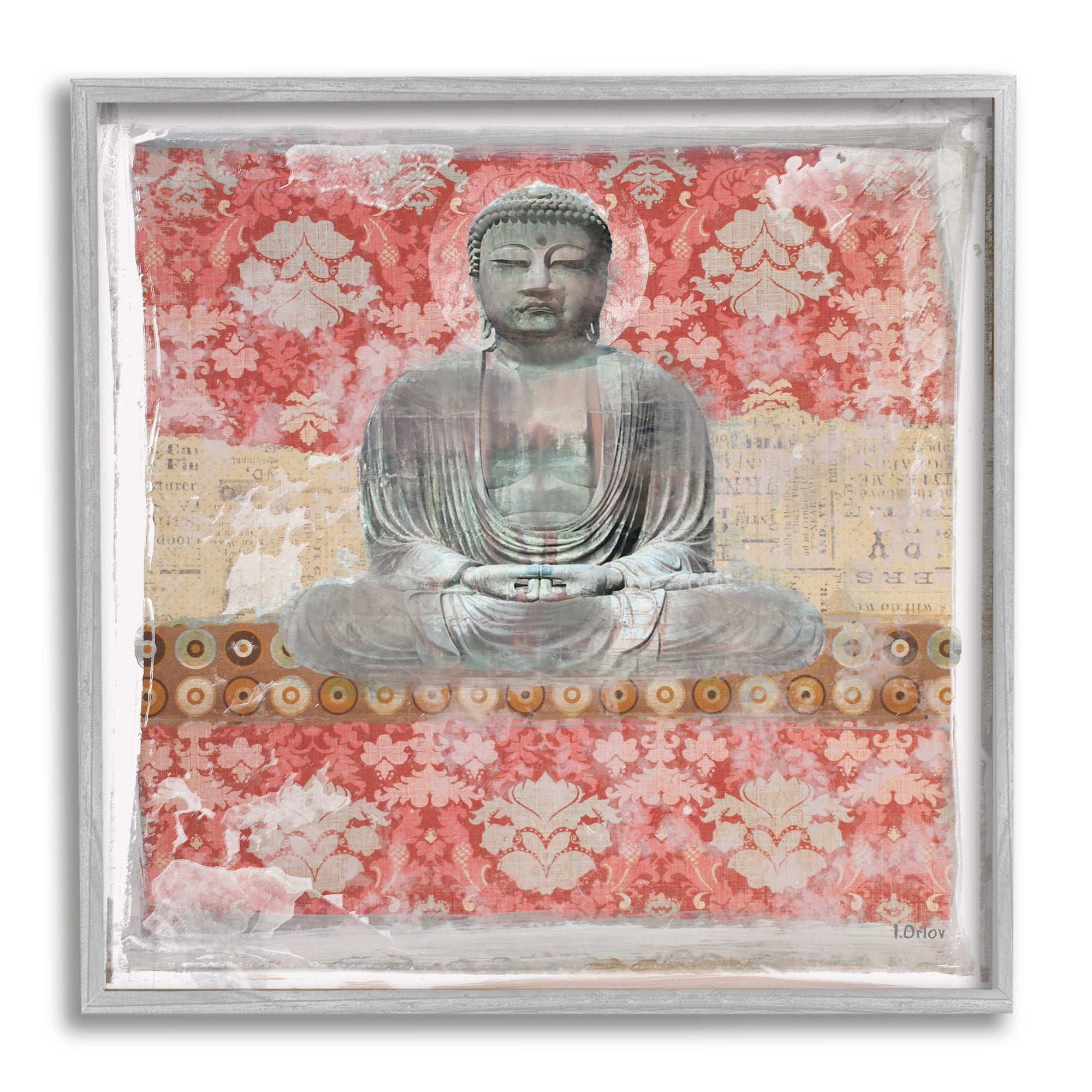 Stupell Spiritual Patterned Buddha Collage Abstract Painting Gray Framed Art Print Wall Art