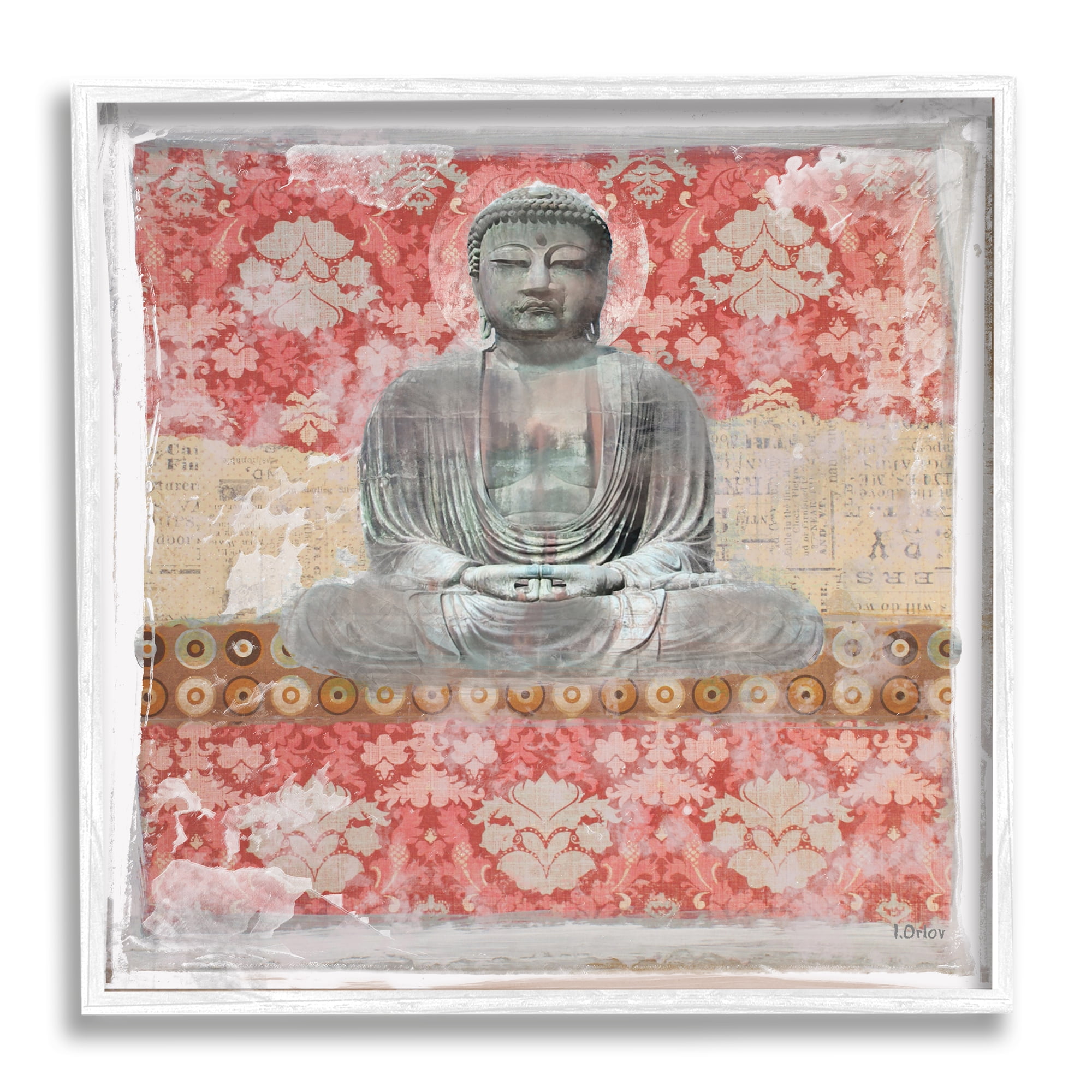 Stupell Spiritual Patterned Buddha Collage Abstract Painting White Framed Art Print Wall Art