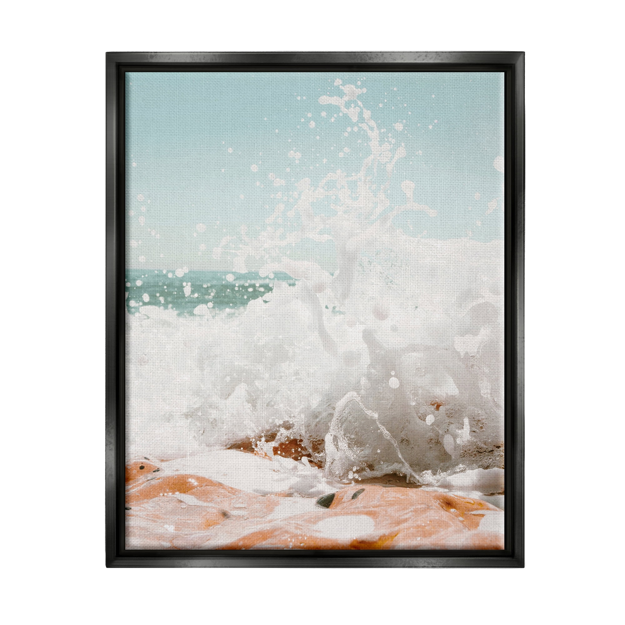 Stupell Splashing Sandy Beach Sea Foam Landscape Photography Black Floater Framed Art Print Wall Art