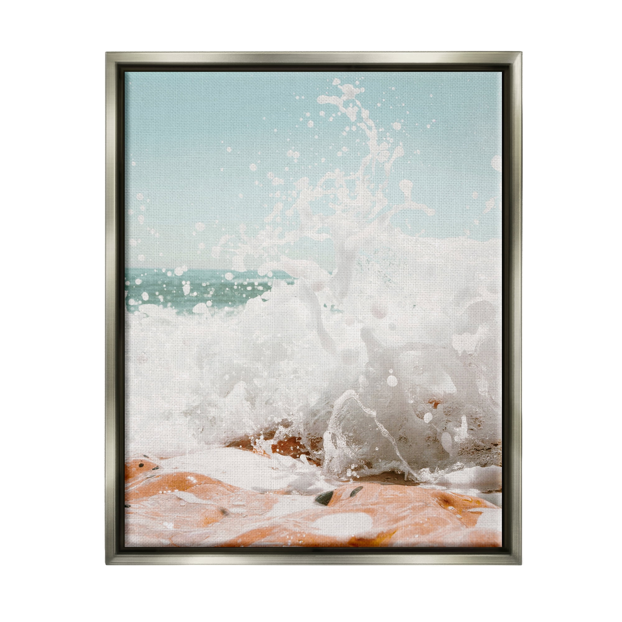 Stupell Splashing Sandy Beach Sea Foam Landscape Photography Gray Floater Framed Art Print Wall Art