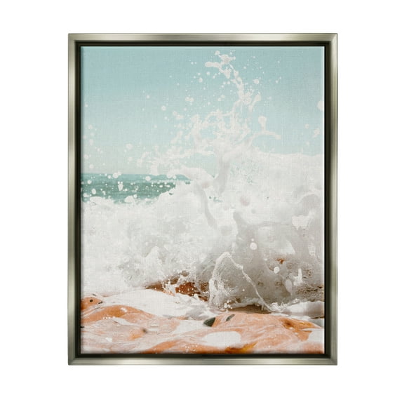 Stupell Splashing Sandy Beach Sea Foam Landscape Photography Gray Floater Framed Art Print Wall Art