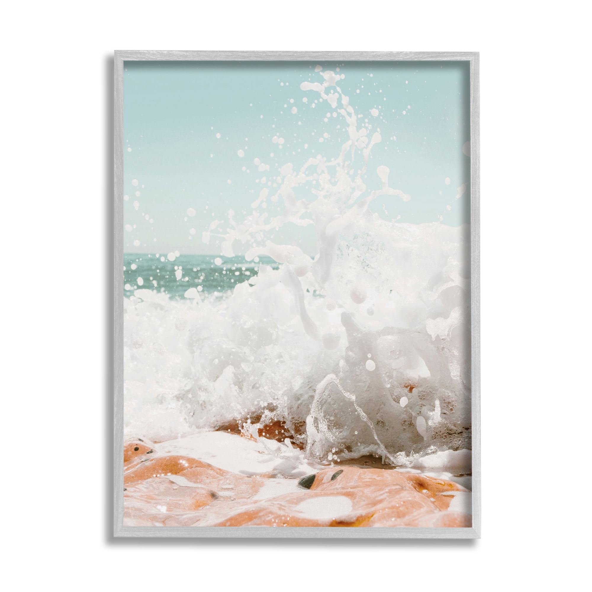 Stupell Splashing Sandy Beach Sea Foam Landscape Photography Gray Framed Art Print Wall Art