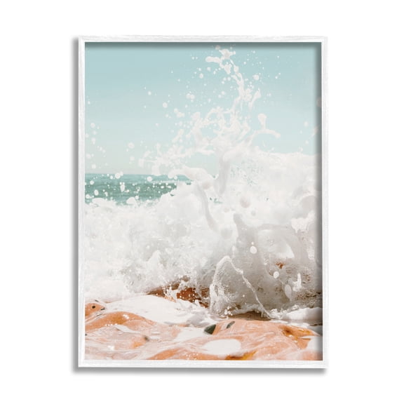 Stupell Splashing Sandy Beach Sea Foam Landscape Photography White Framed Art Print Wall Art