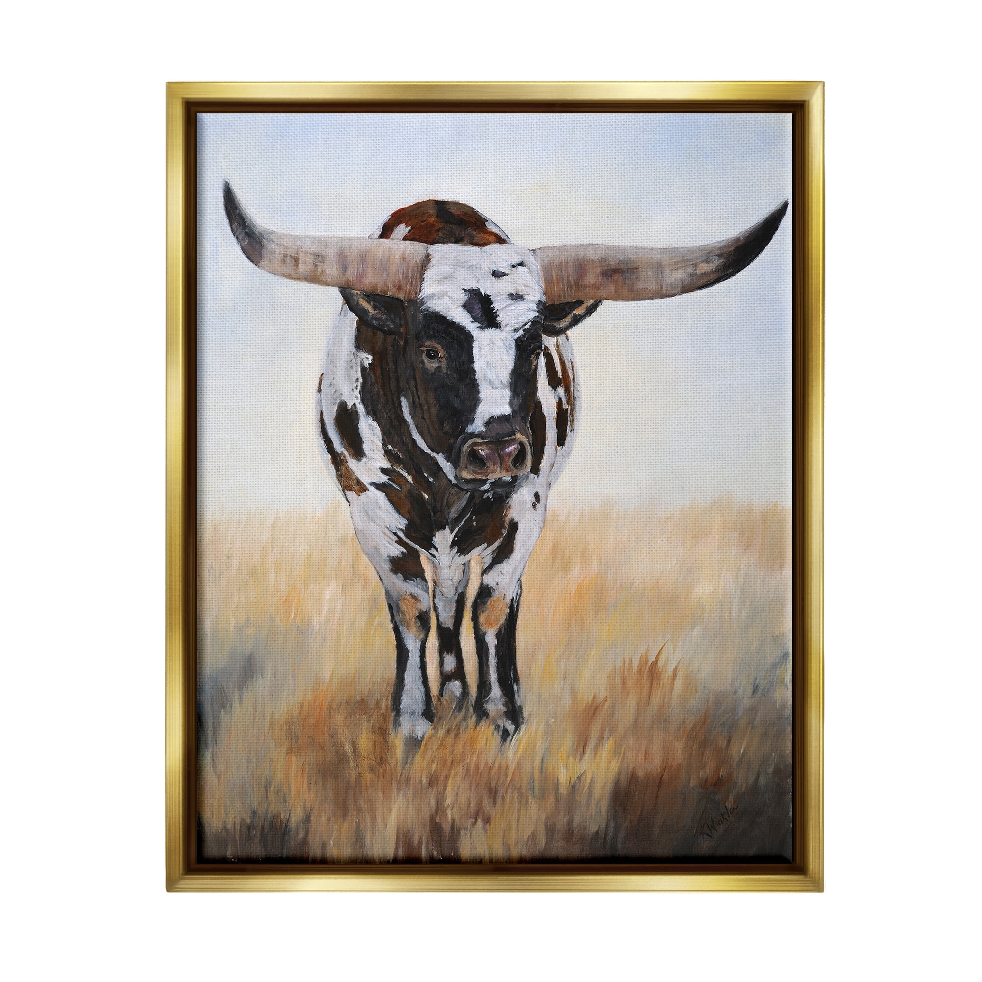 Stupell Spotted Longhorn Cattle Painting Animals & Insects Painting Gold Floater Framed Art Print Wall Art