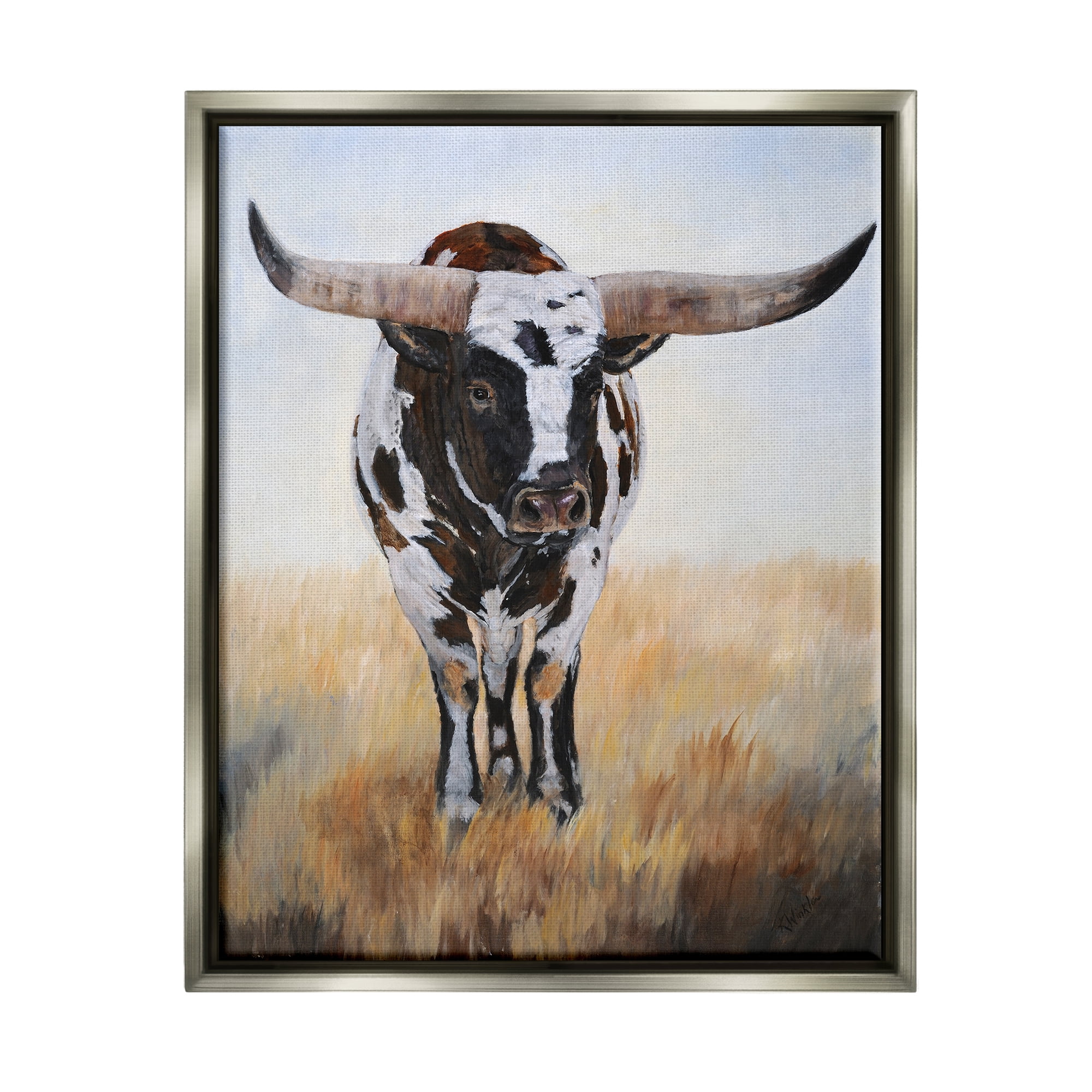 Stupell Spotted Longhorn Cattle Painting Animals & Insects Painting Gray Floater Framed Art Print Wall Art
