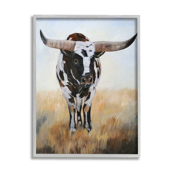 Stupell Spotted Longhorn Cattle Painting Animals & Insects Painting Gray Framed Art Print Wall Art