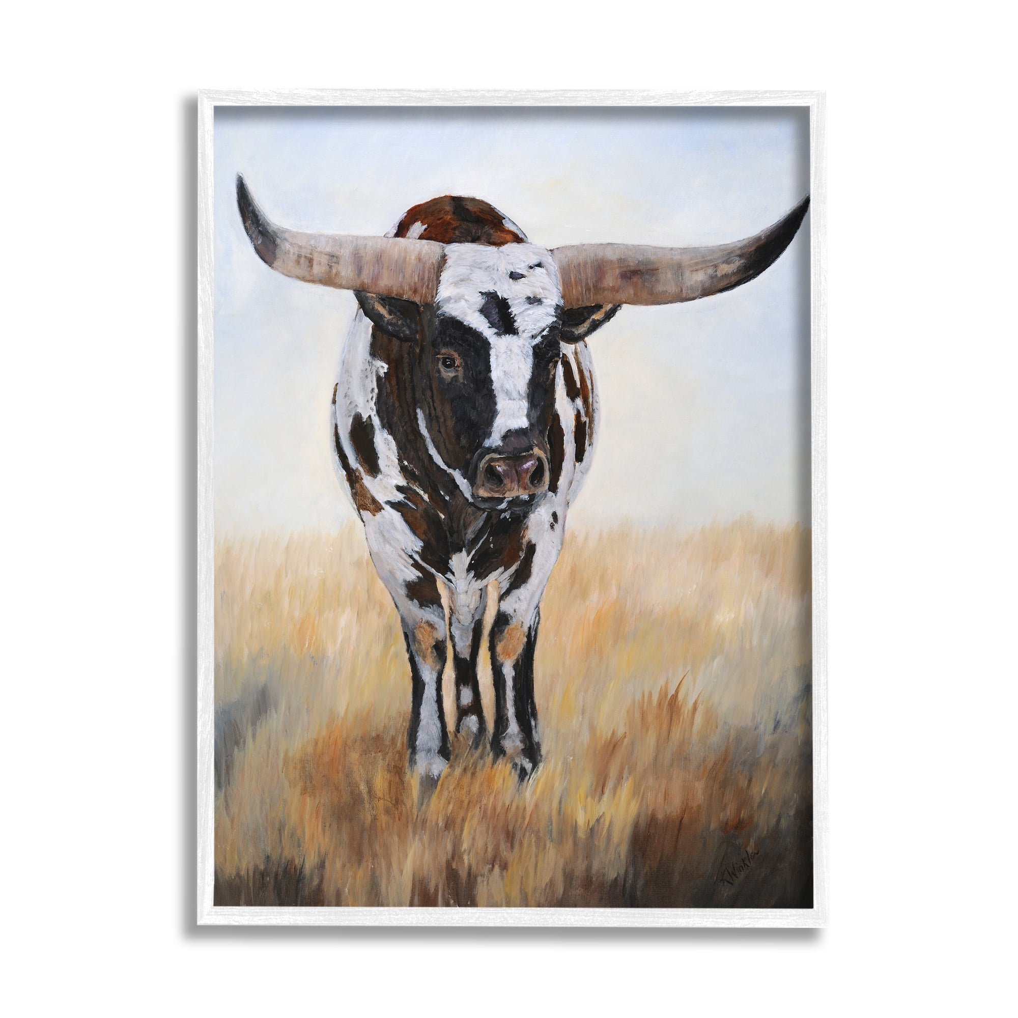 Stupell Spotted Longhorn Cattle Painting Animals & Insects Painting White Framed Art Print Wall Art