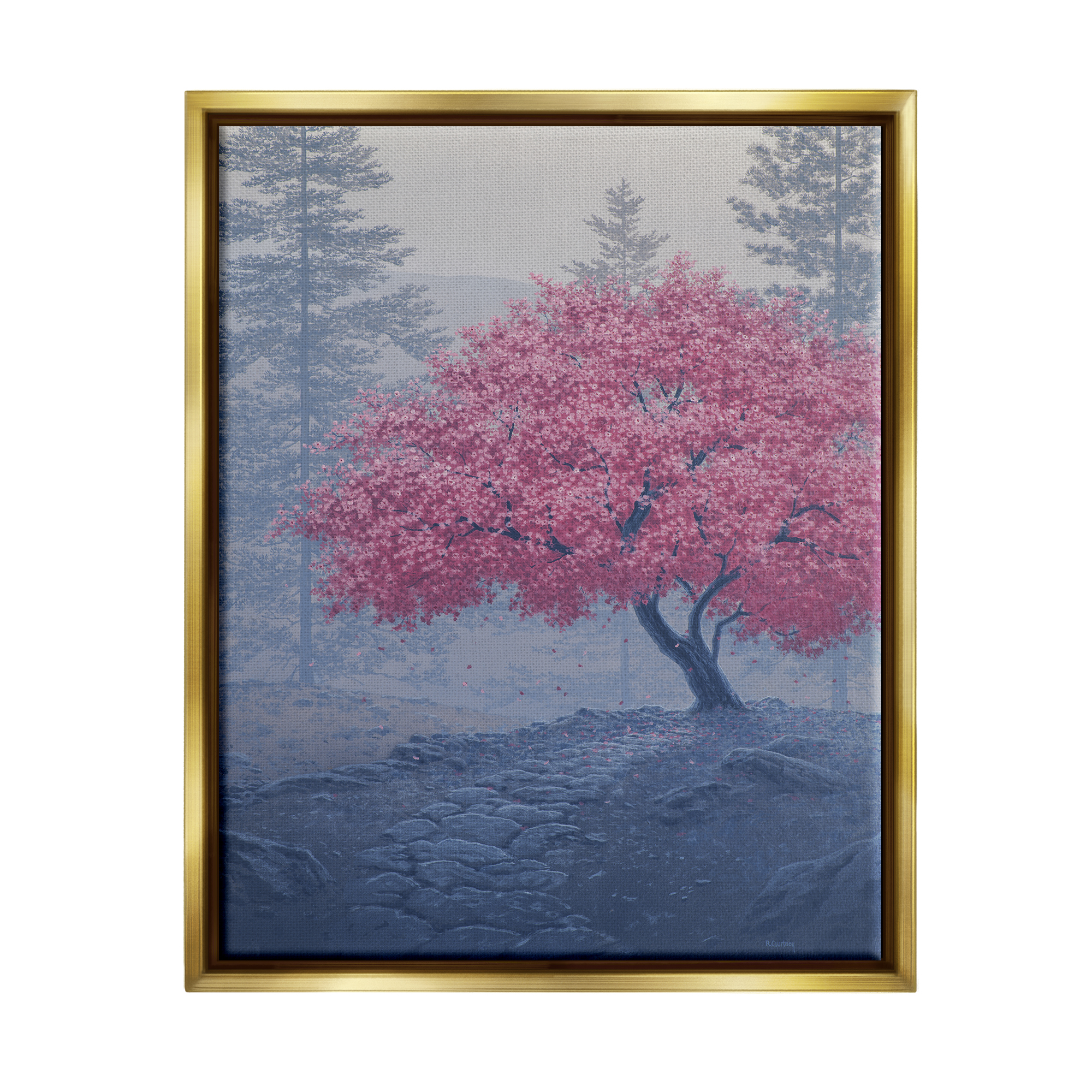 Stupell Spring Cherry Blossom Foggy Path Landscape Photography Gold Floater Framed Art Print Wall Art