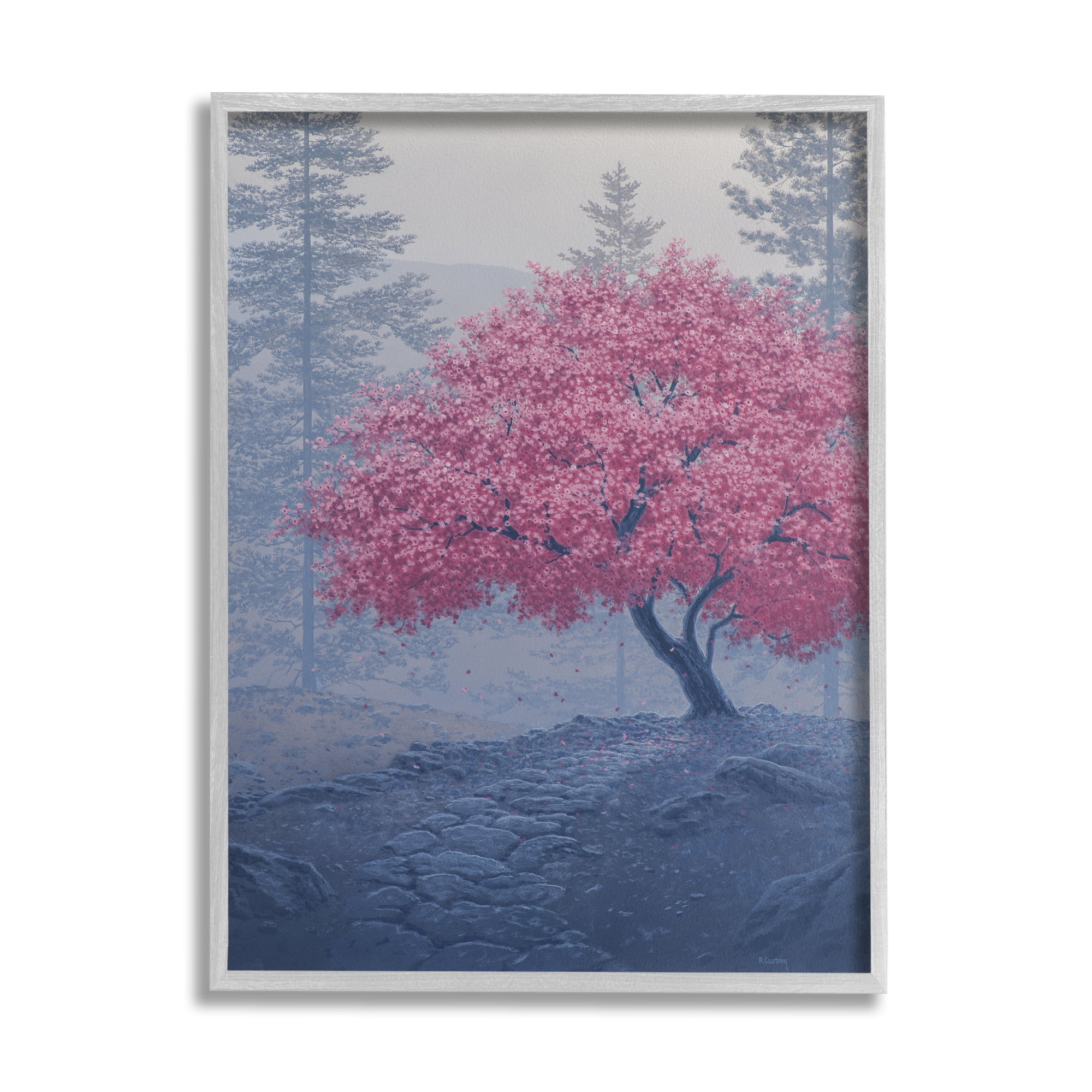 Stupell Spring Cherry Blossom Foggy Path Landscape Photography Gray Framed Art Print Wall Art