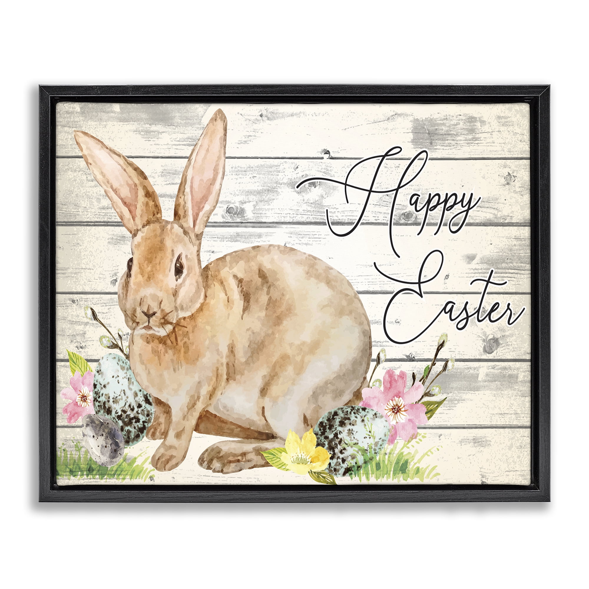 Spring Floral Happy Easter Bunny Black Floating Frame Canvas Art, 21 x 17, By Nicole DeCamp