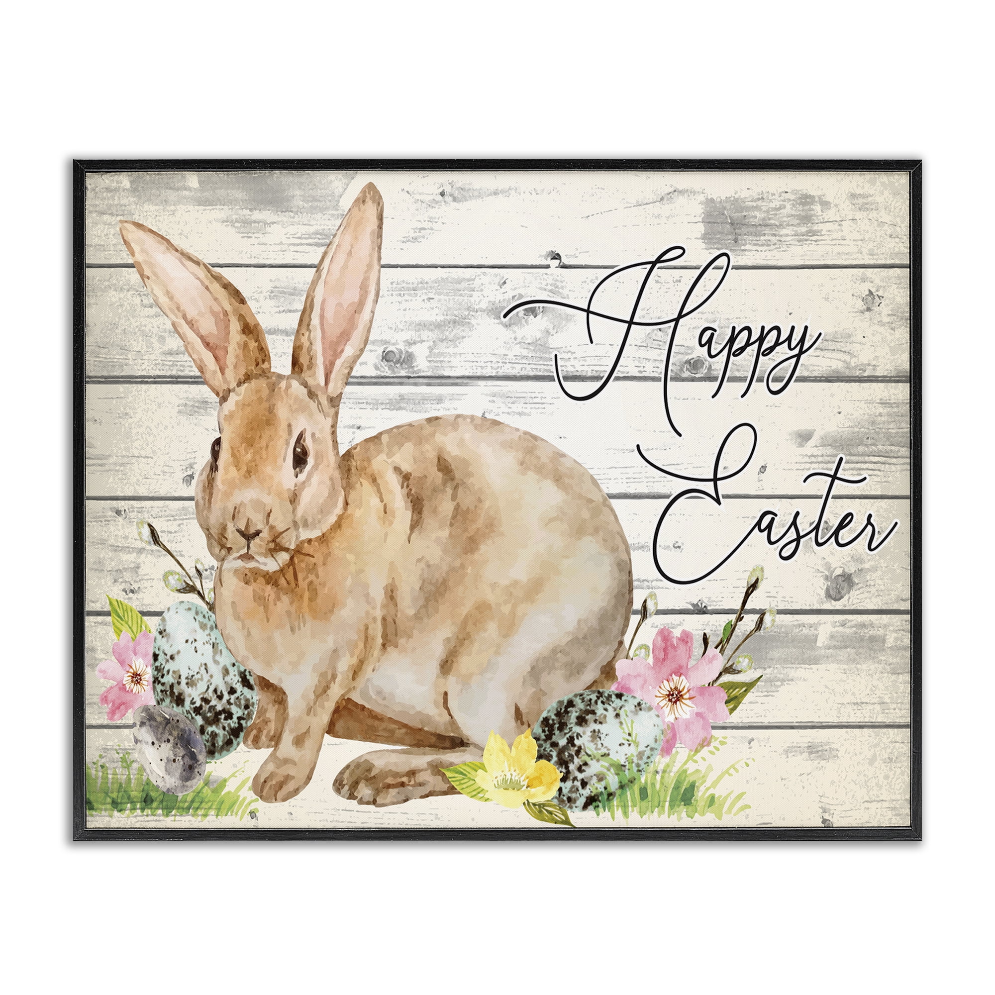 Spring Floral Happy Easter Bunny Black Framed Giclee Art, 20 x 16, By Nicole DeCamp