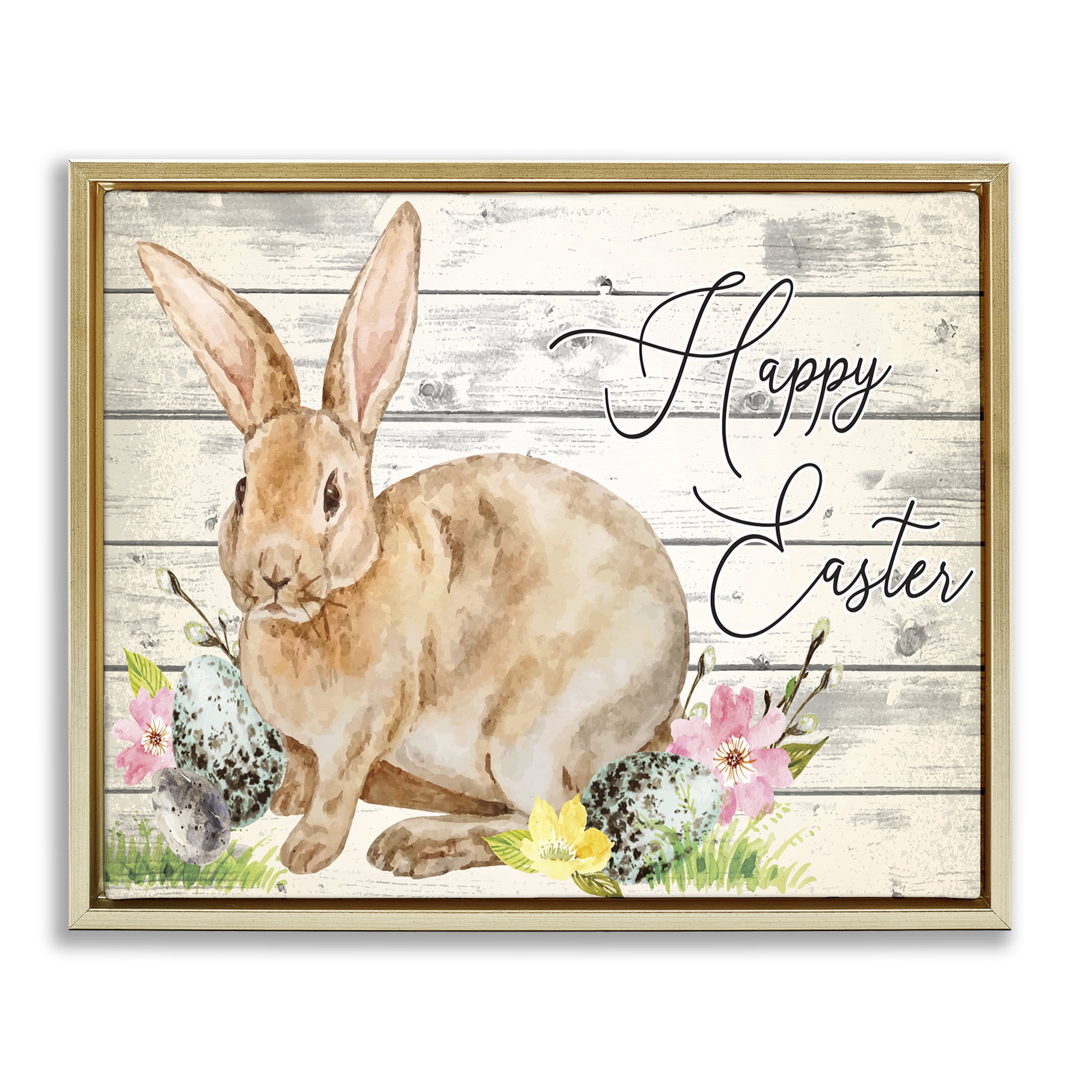 Spring Floral Happy Easter Bunny Gold Floating Frame Canvas Art, 21 x 17, By Nicole DeCamp