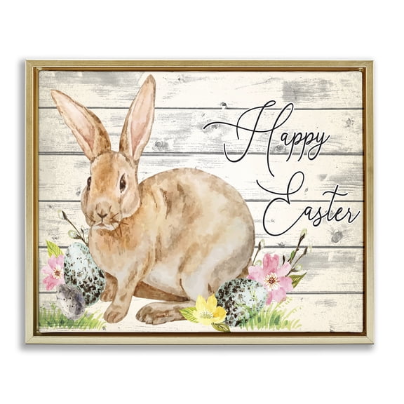 Spring Floral Happy Easter Bunny Gold Floating Frame Canvas Art, 31 x 25, By Nicole DeCamp