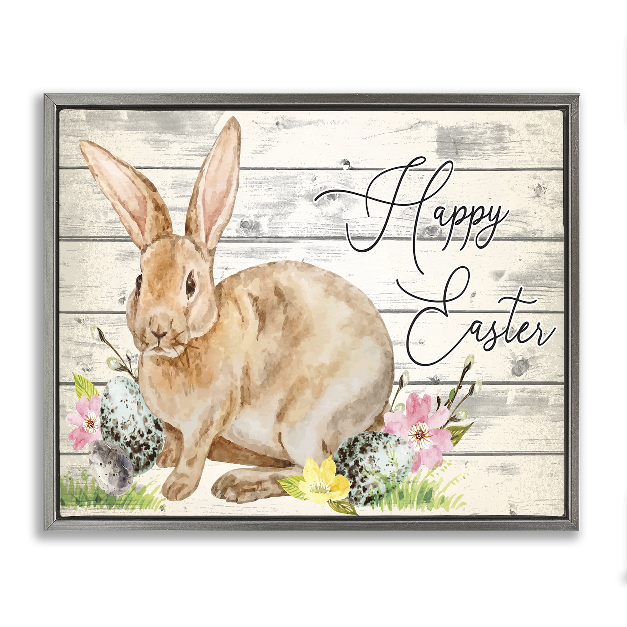 Spring Floral Happy Easter Bunny Gray Floating Frame Canvas Art, 21 x 17, By Nicole DeCamp