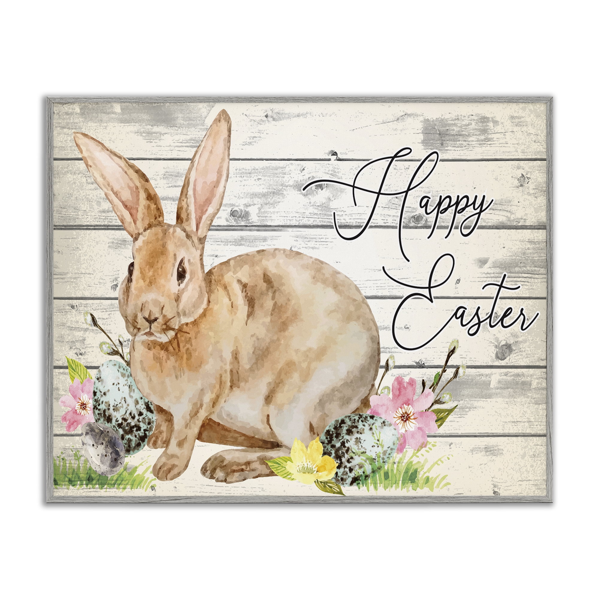 Spring Floral Happy Easter Bunny Gray Framed Giclee Art, 14 x 11, By Nicole DeCamp