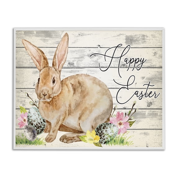 Spring Floral Happy Easter Bunny White Framed Giclee Art, 30 x 24, Made In USA - By Nicole DeCamp