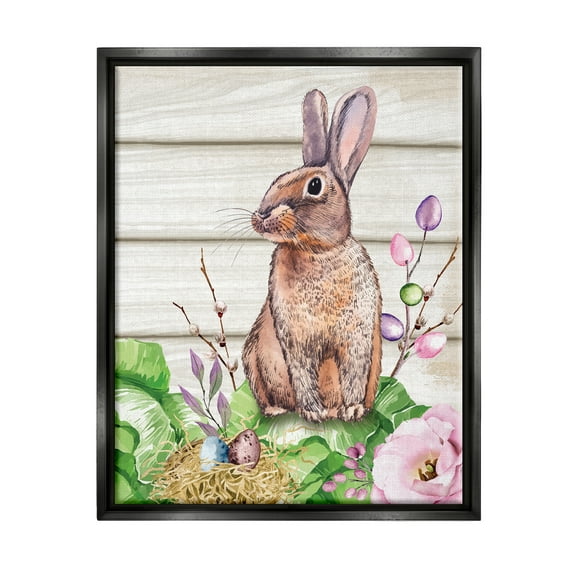 Stupell Spring Flower Garden Country Rabbit Holiday Painting Black Floater Framed Art Print Wall Art