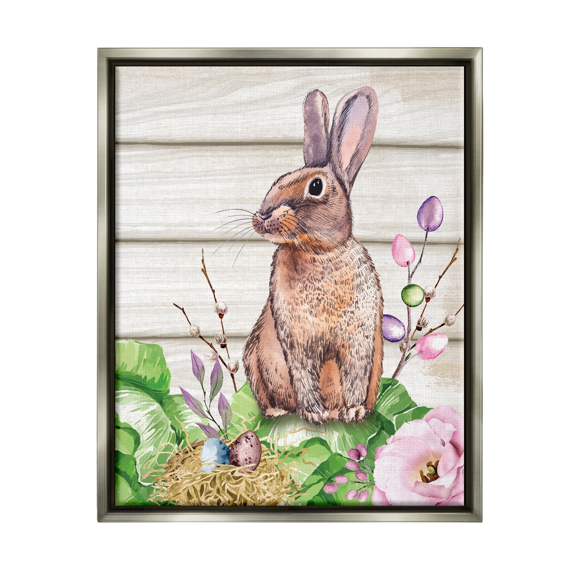 Stupell Spring Flower Garden Country Rabbit Holiday Painting Gray Floater Framed Art Print Wall Art