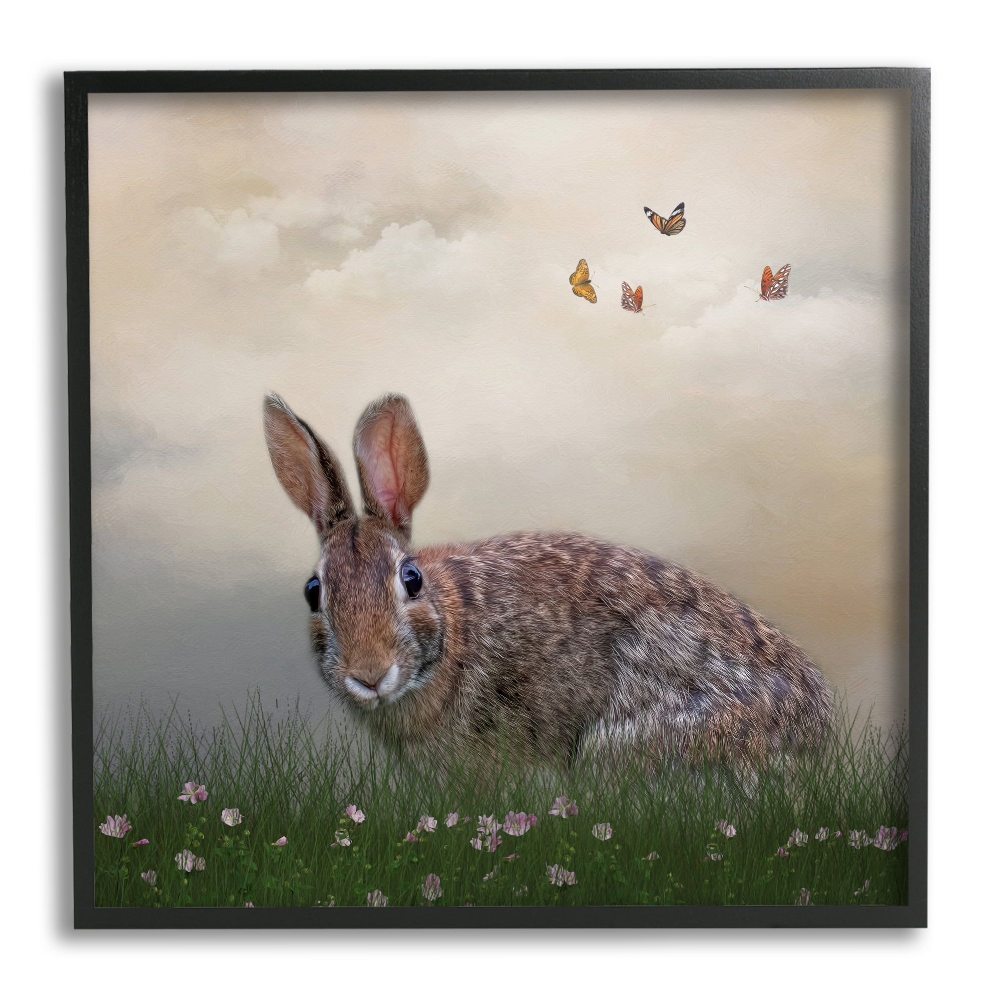 Stupell Spring Rabbit Meadow Butterflies Animals & Insects Photography Black Framed Art Print Wall Art