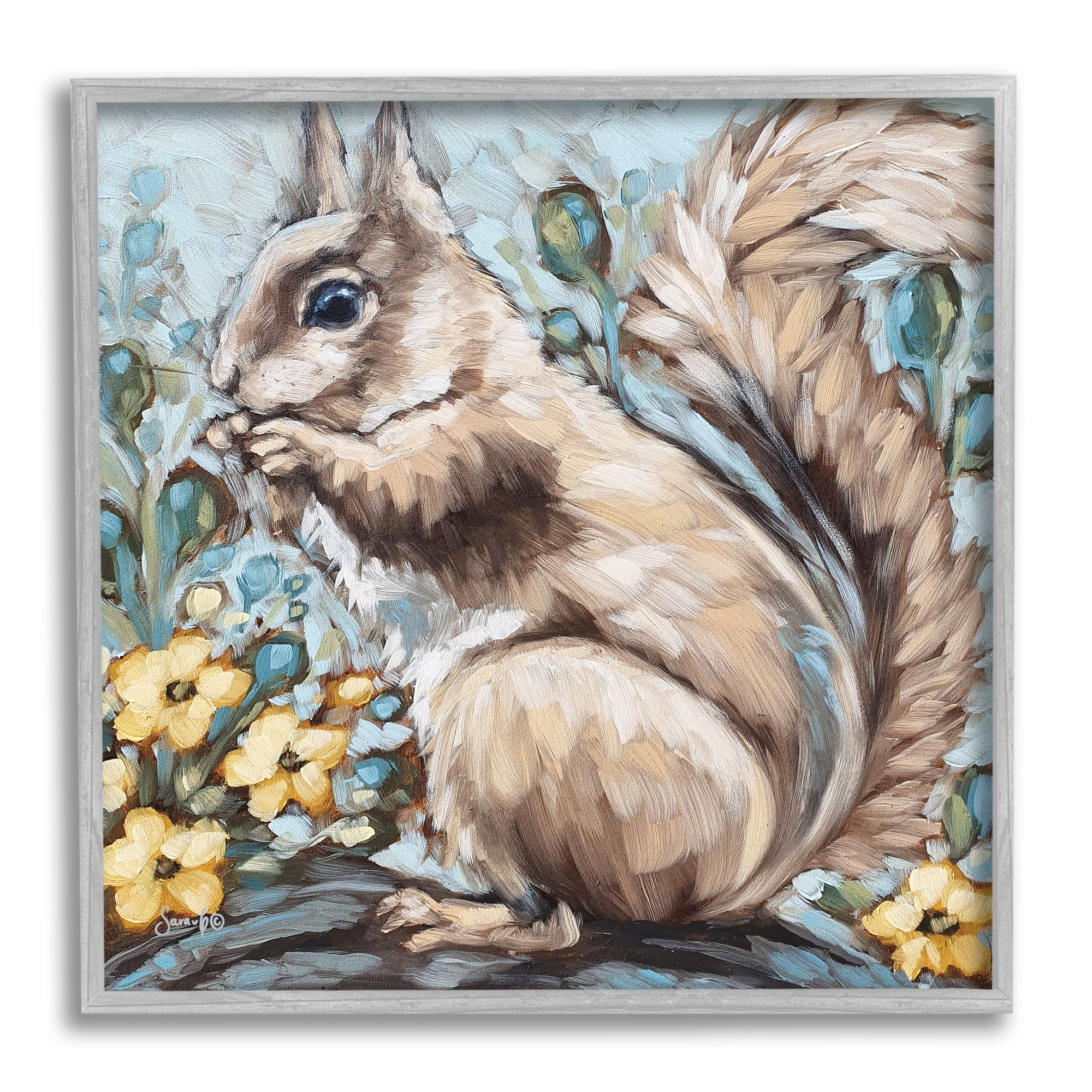 Stupell Squirrel Forest Flower Blossoms Animals & Insects Painting Gray Framed Art Print Wall Art