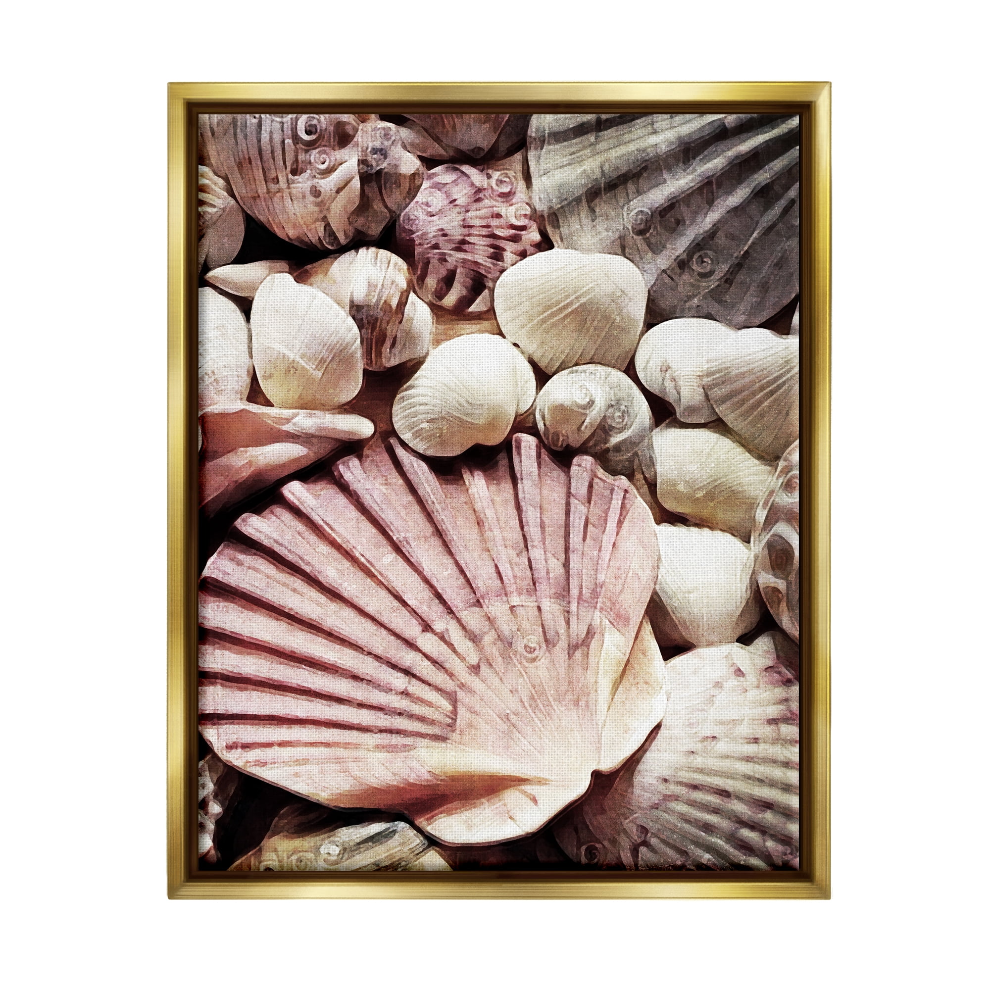 Stupell Stacked Coastal Seashells Landscape Photography Gold Floater Framed Art Print Wall Art