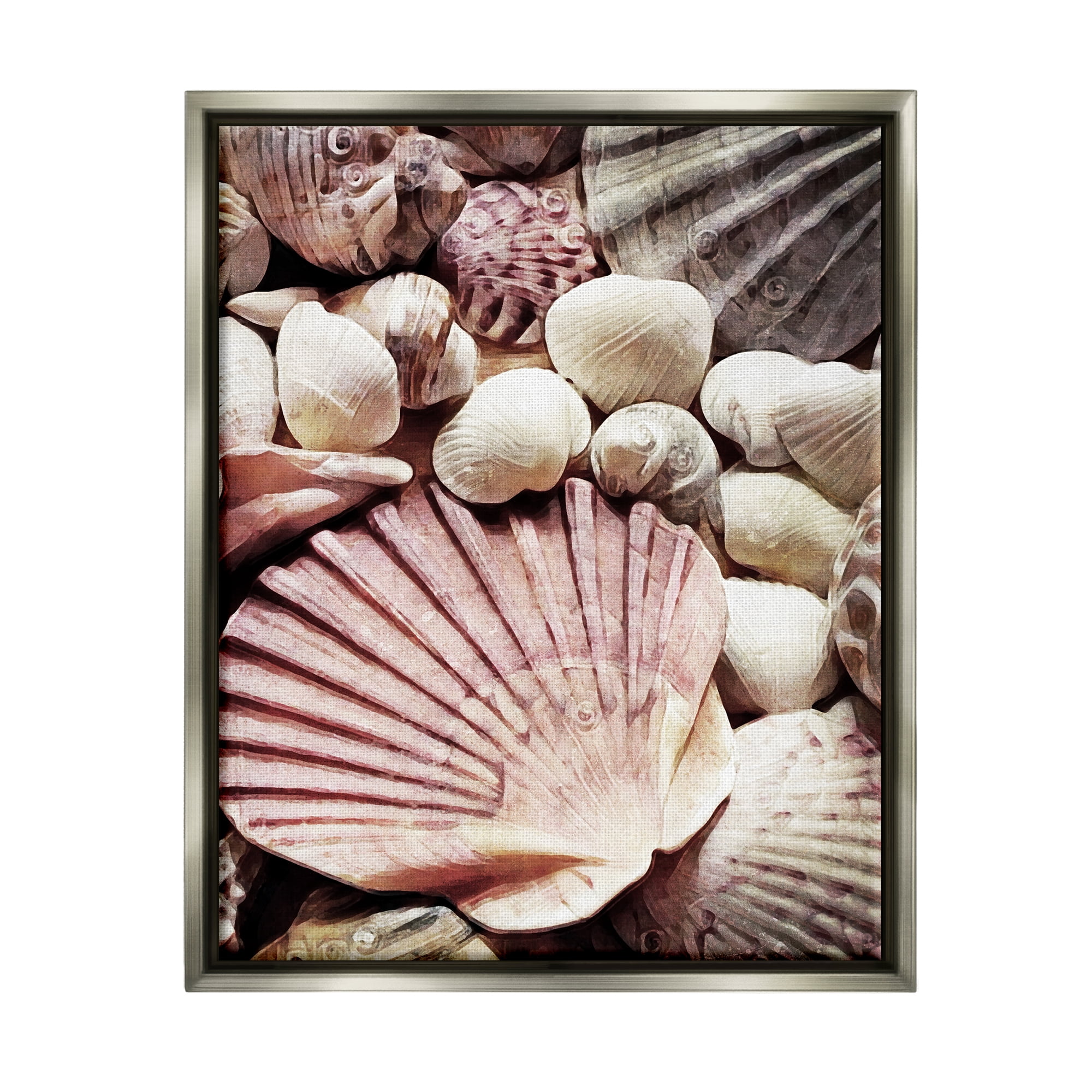 Stupell Stacked Coastal Seashells Landscape Photography Gray Floater Framed Art Print Wall Art