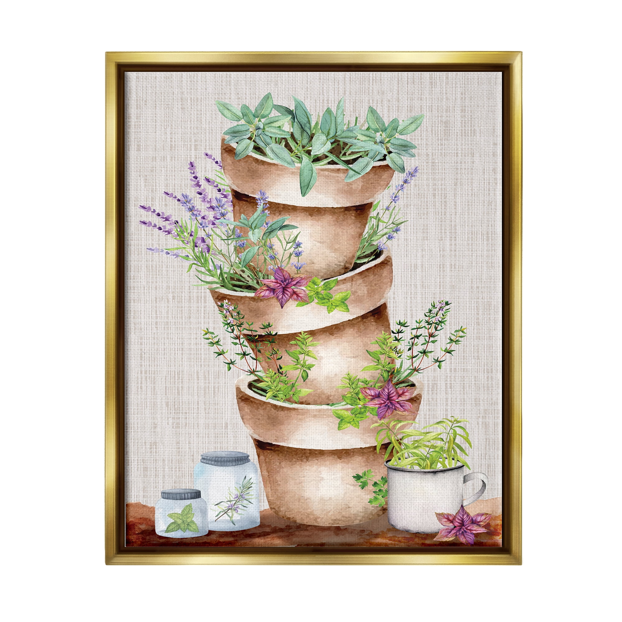 Stupell Stacked Potted Herbs Garden Botanical & Floral Painting Gold Floater Framed Art Print Wall Art