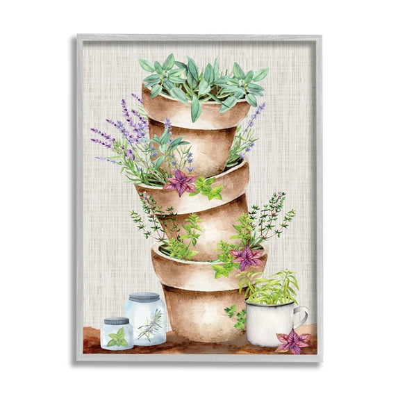Stupell Stacked Potted Herbs Garden Botanical & Floral Painting Gray Framed Art Print Wall Art