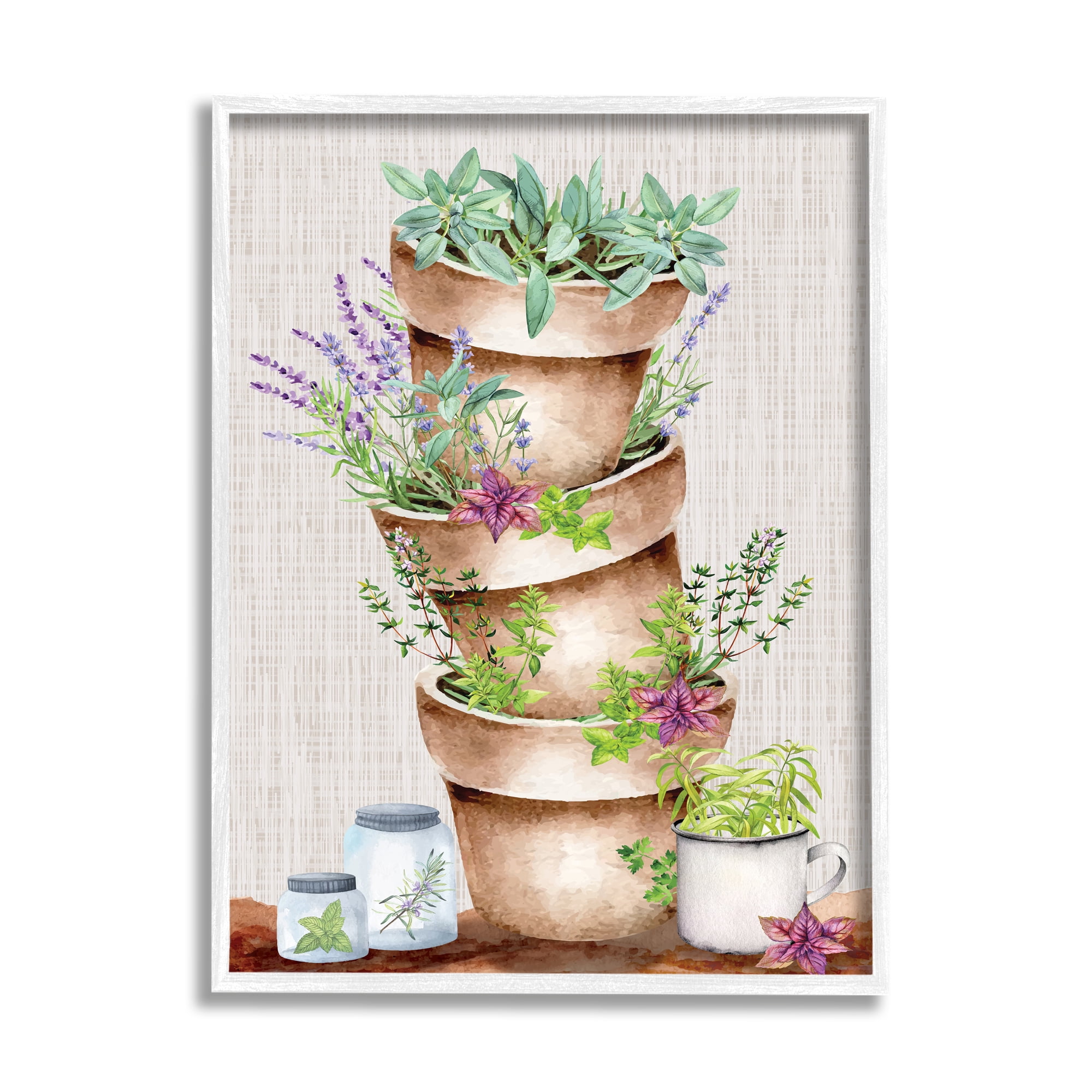 Stupell Stacked Potted Herbs Garden Botanical & Floral Painting White Framed Art Print Wall Art