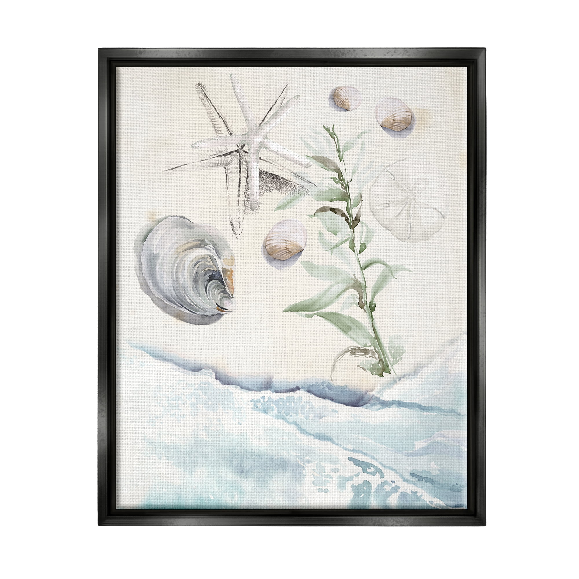 Stupell Starfish & Shells Lapping Beach Shore Landscape Painting Black Floater Framed Art Print Wall Art