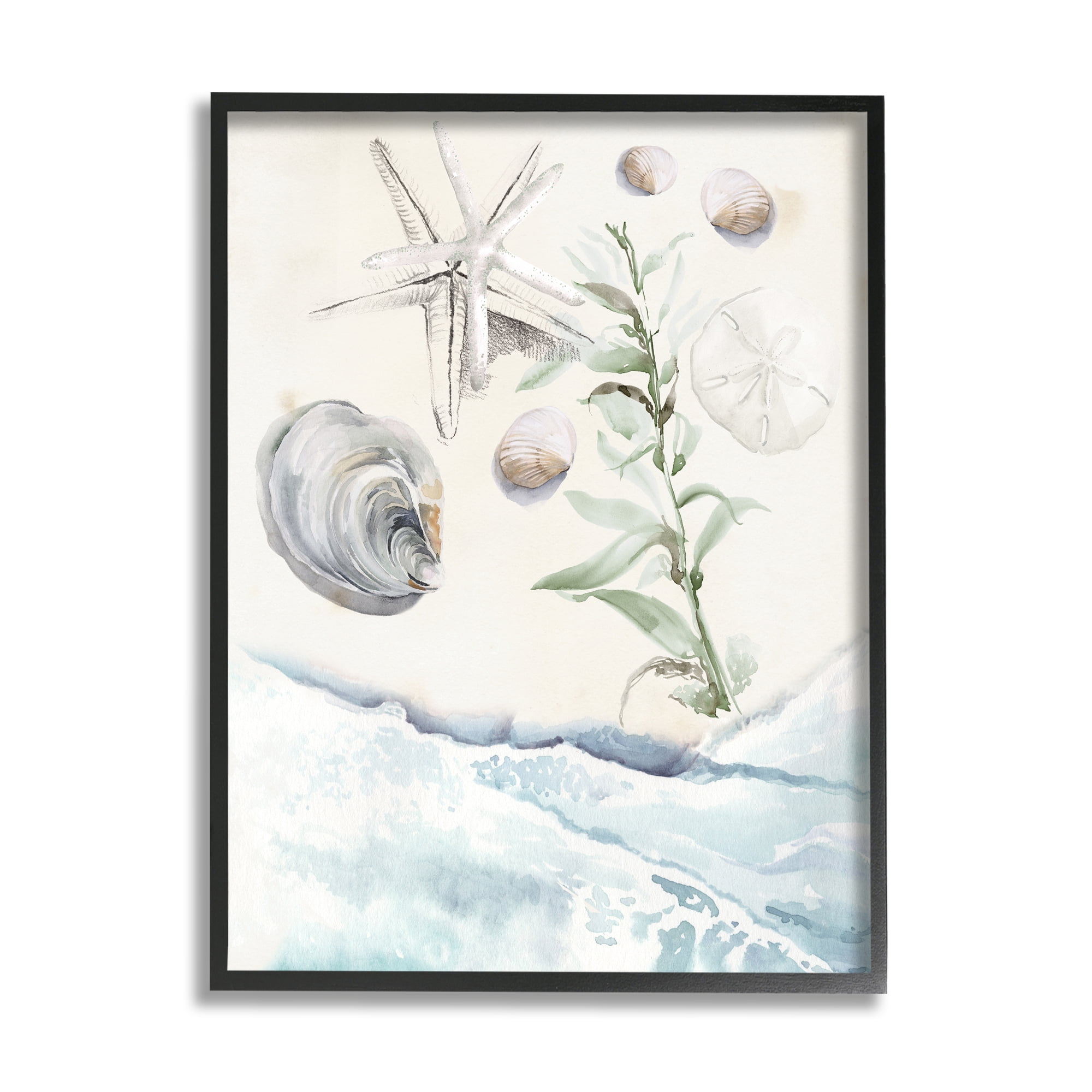 Stupell Starfish & Shells Lapping Beach Shore Landscape Painting Black Framed Art Print Wall Art