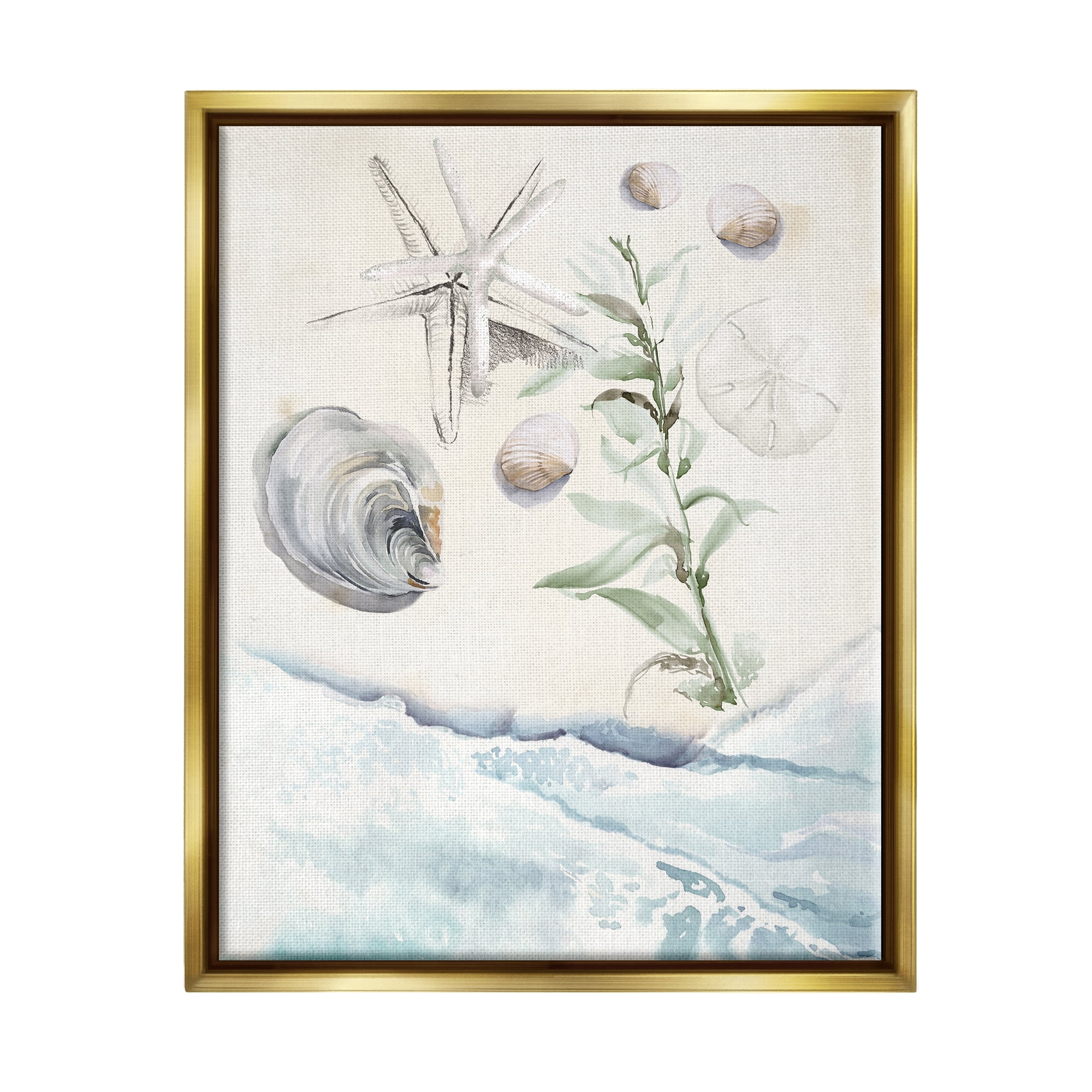 Stupell Starfish & Shells Lapping Beach Shore Landscape Painting Gold Floater Framed Art Print Wall Art