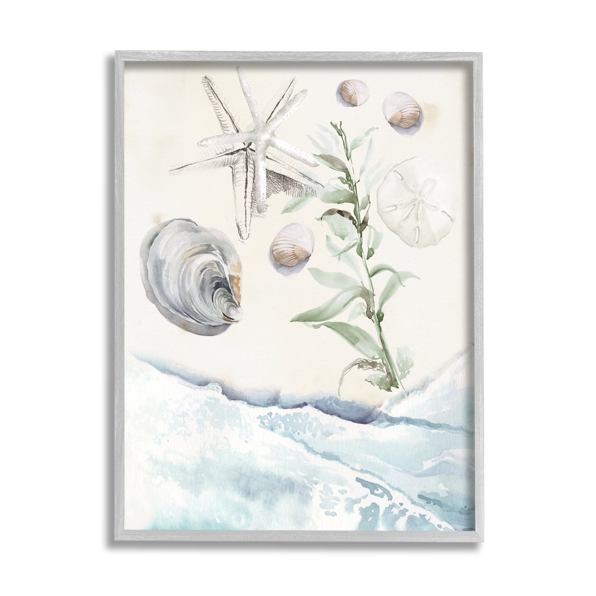 Stupell Starfish & Shells Lapping Beach Shore Landscape Painting Gray Framed Art Print Wall Art