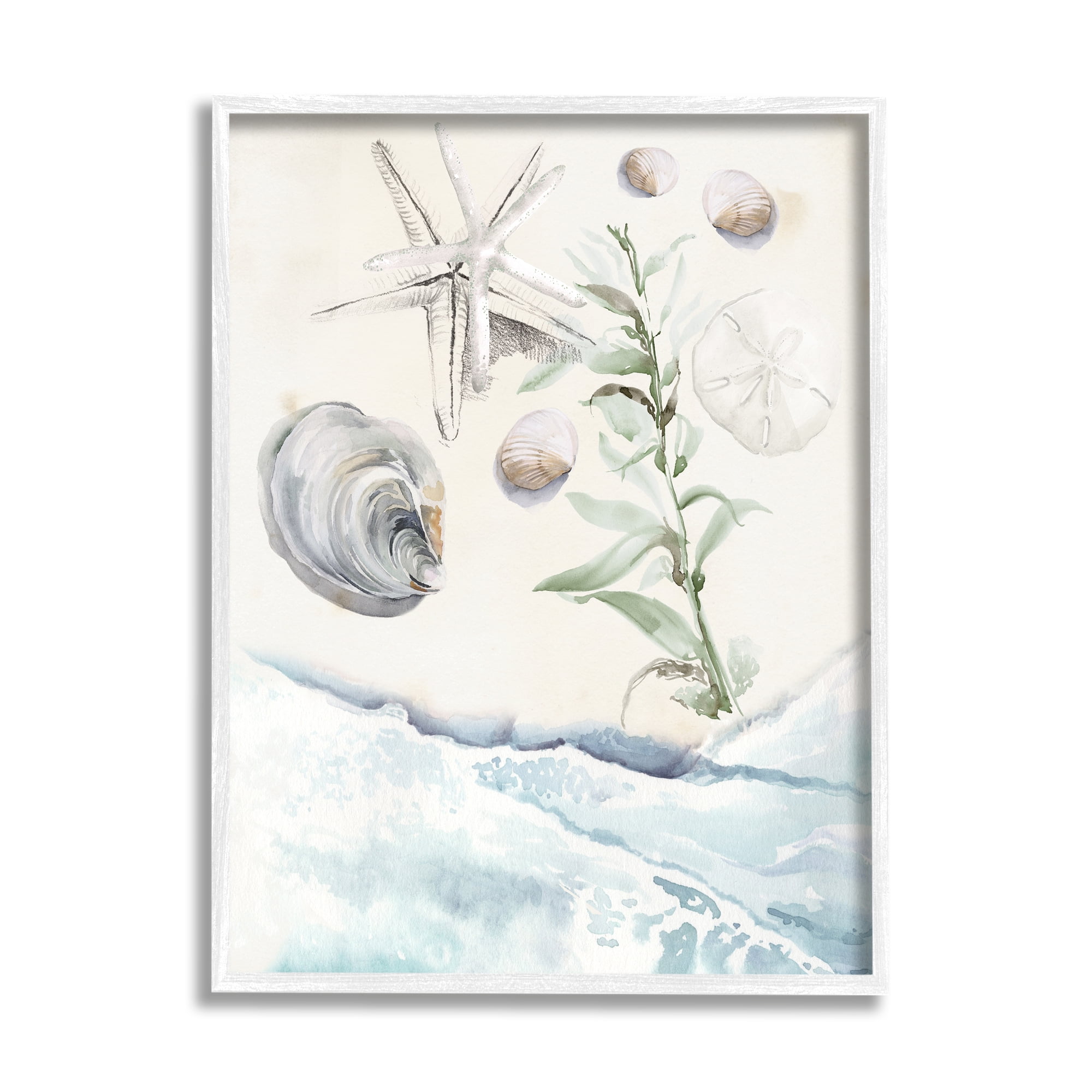 Stupell Starfish & Shells Lapping Beach Shore Landscape Painting White Framed Art Print Wall Art