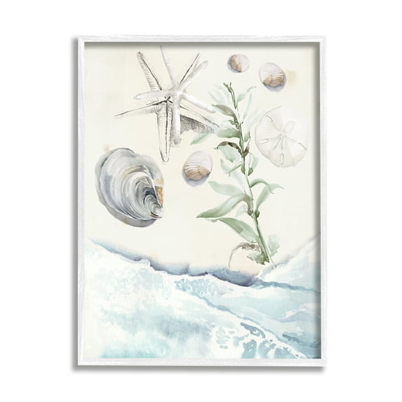 Stupell Starfish & Shells Lapping Beach Shore Landscape Painting White Framed Art Print Wall Art