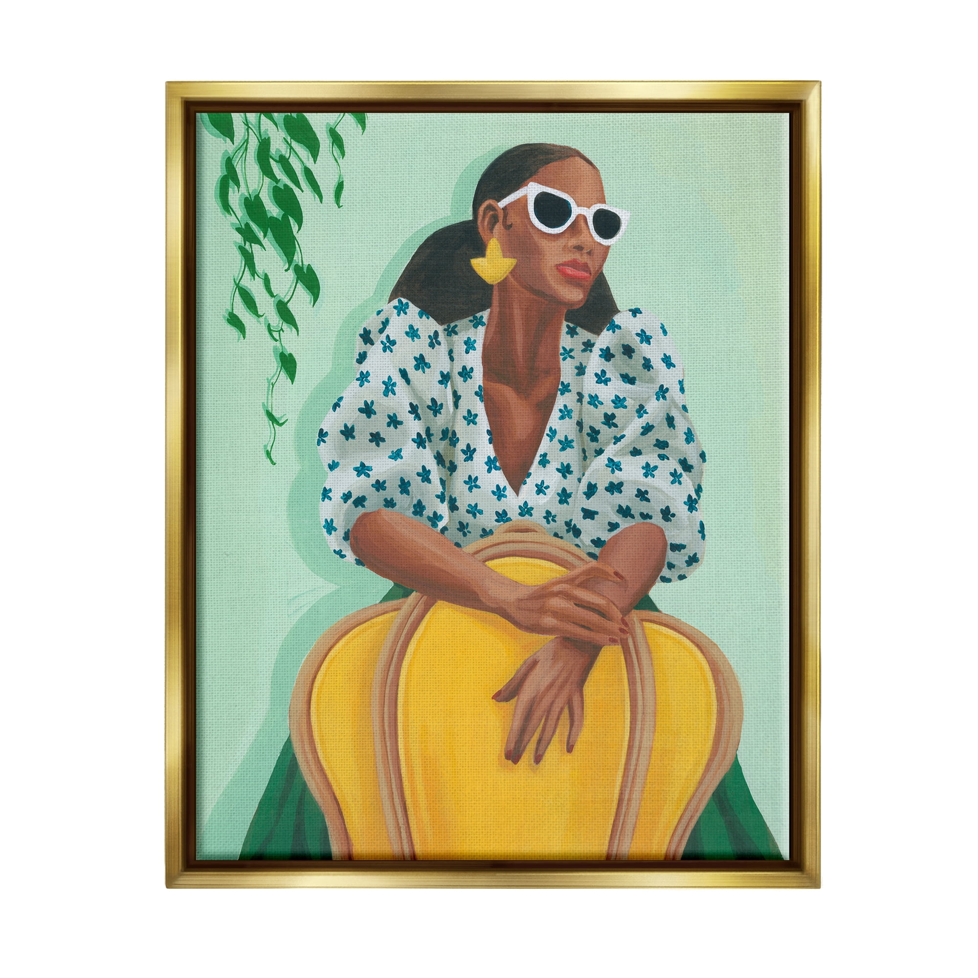 Stupell Stylish Woman Trendy Portrait Beauty & Fashion Painting Gold Floater Framed Art Print Wall Art