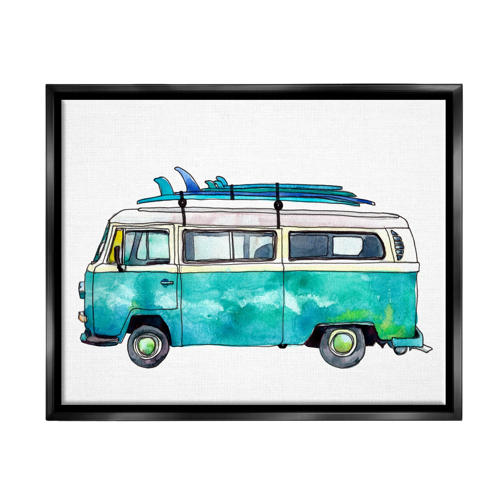 Stupell Summer Vacation Surfboard Van Landscape Painting Black Floater Framed Art Print Wall Art