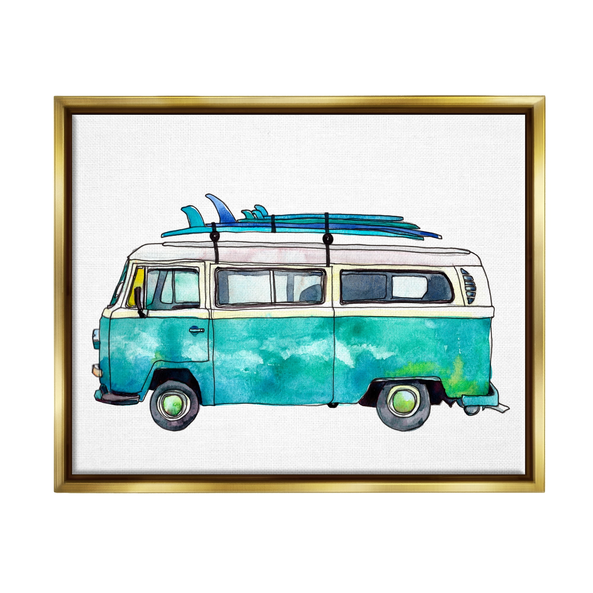 Stupell Summer Vacation Surfboard Van Landscape Painting Gold Floater Framed Art Print Wall Art