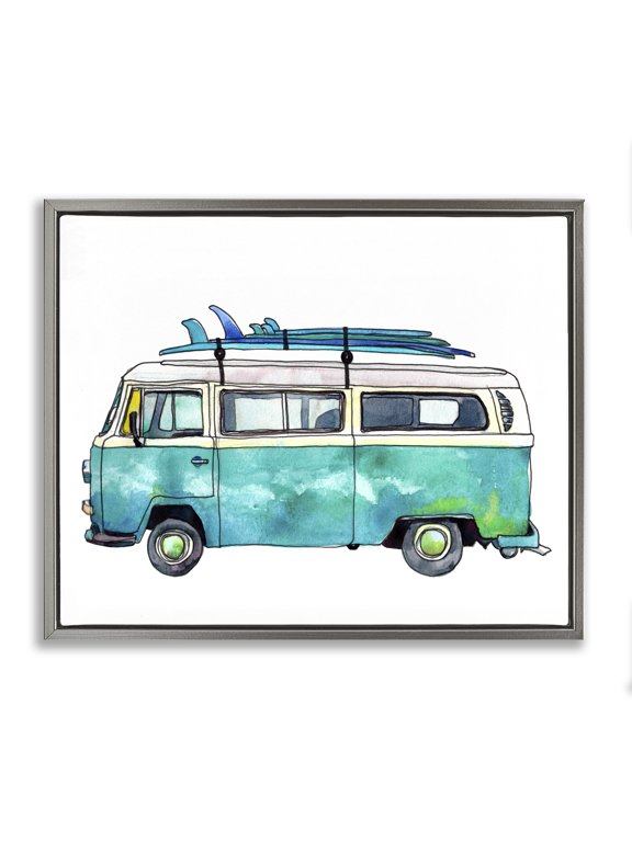Industries Tropical Summer Vacation Surfboard Van Gray Floating Frame Canvas Art, 21 x 17, by Paul McCreery