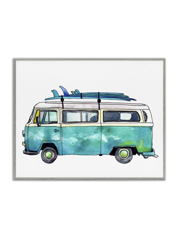 Industries Tropical Summer Vacation Surfboard Van Gray Framed Giclee Art, 14 x 11, by Paul McCreery